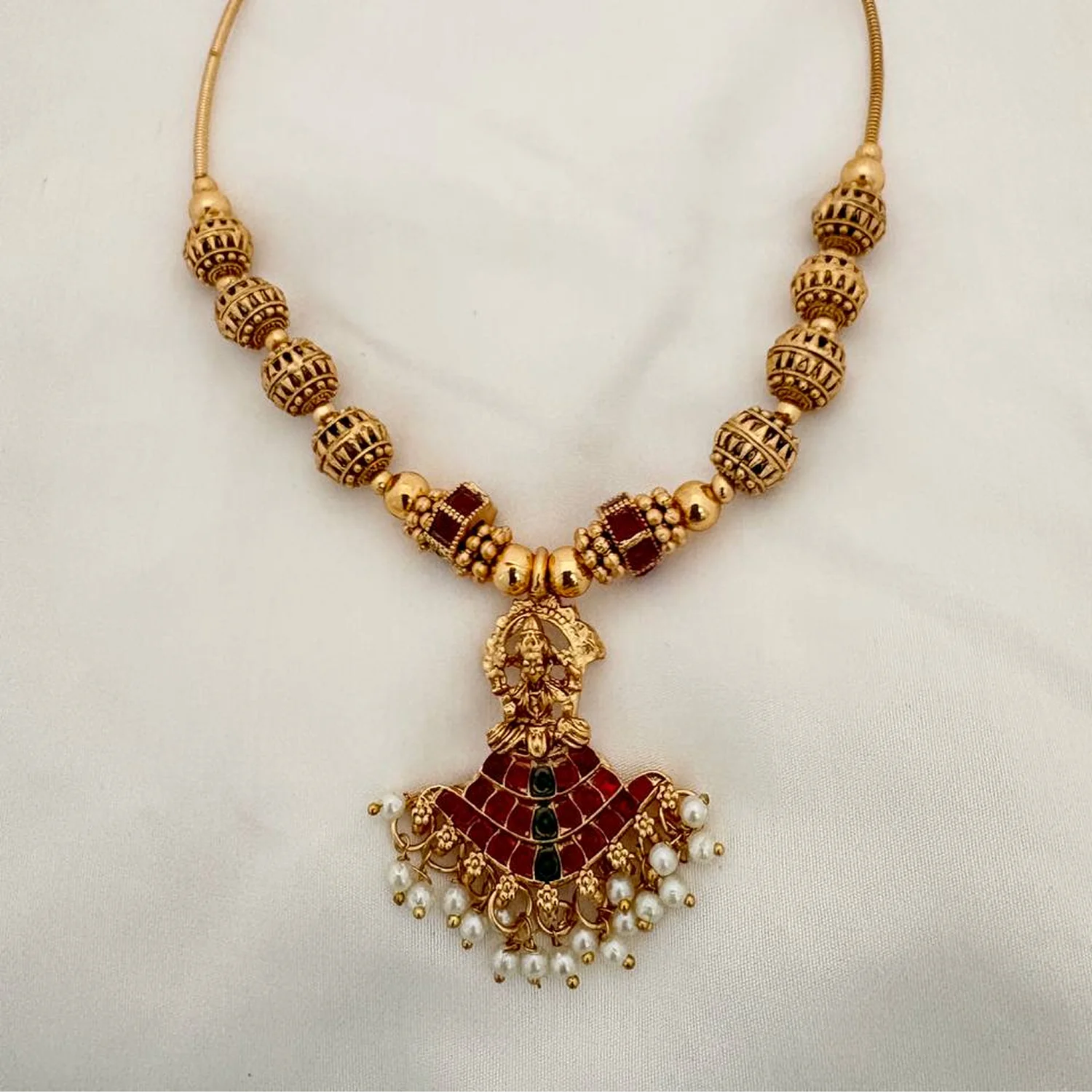 Lakshmi Ruby Gold Plated Temple Chain Necklace with Pearls