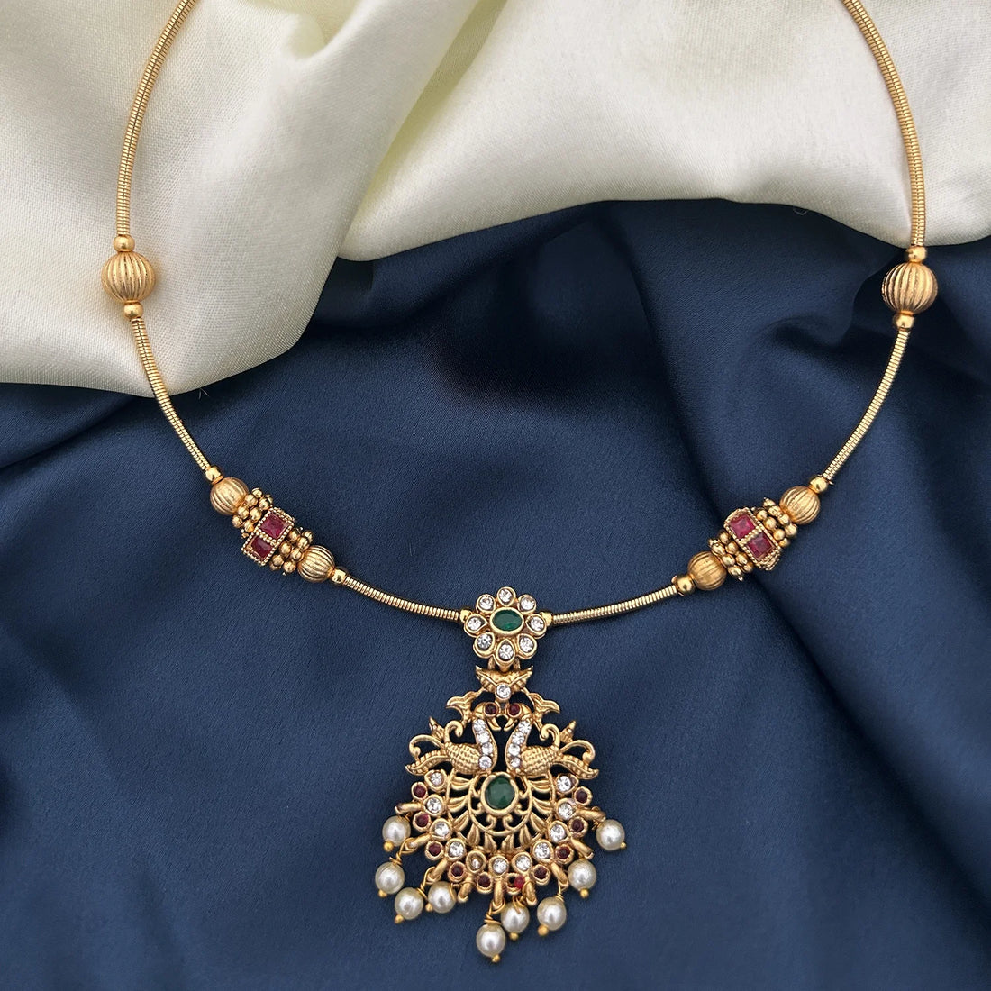 Peacock Pearl Gold Plated Hasli Chain Necklace with Stones
