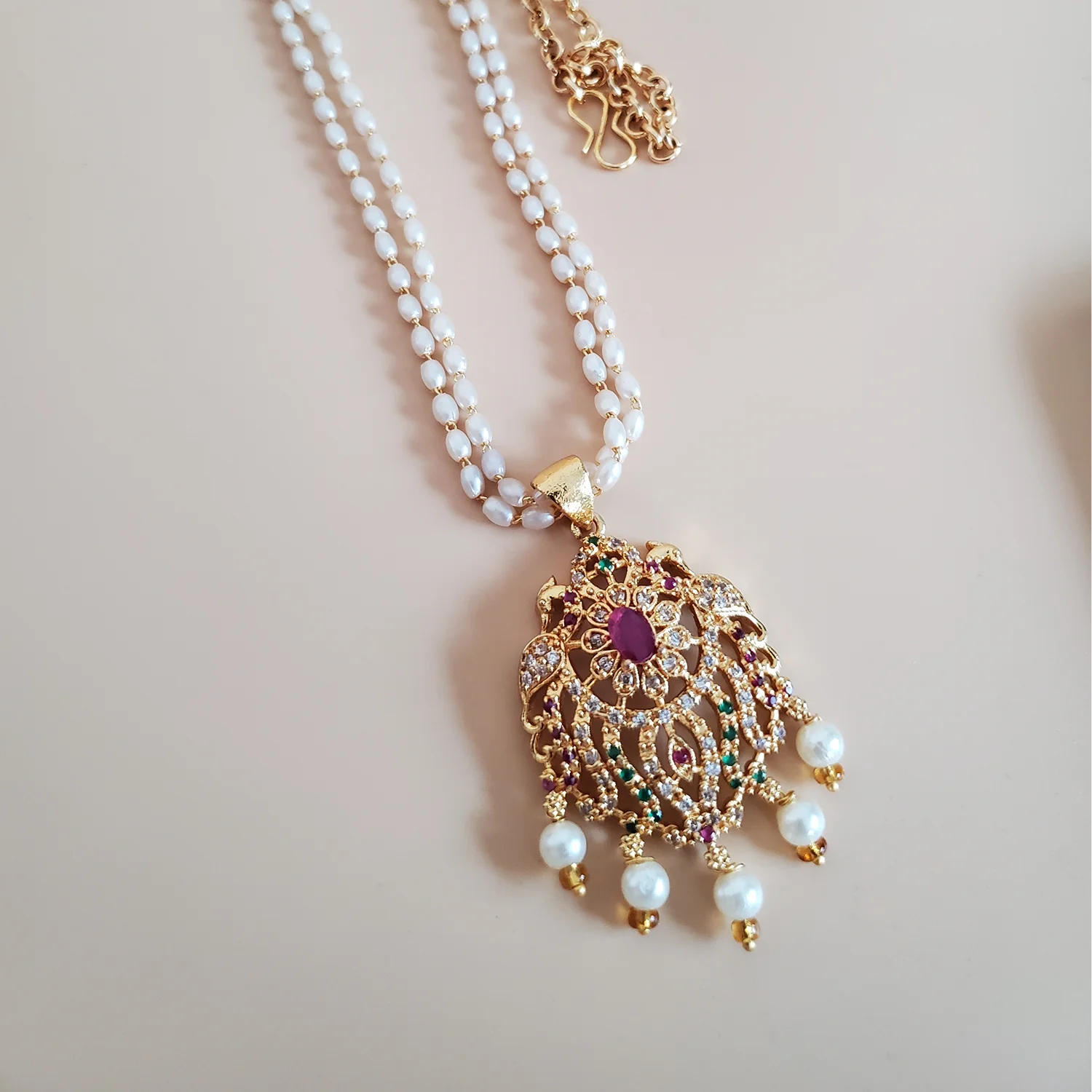 Floral AD Pendant Pearl Mala Necklace for Women
