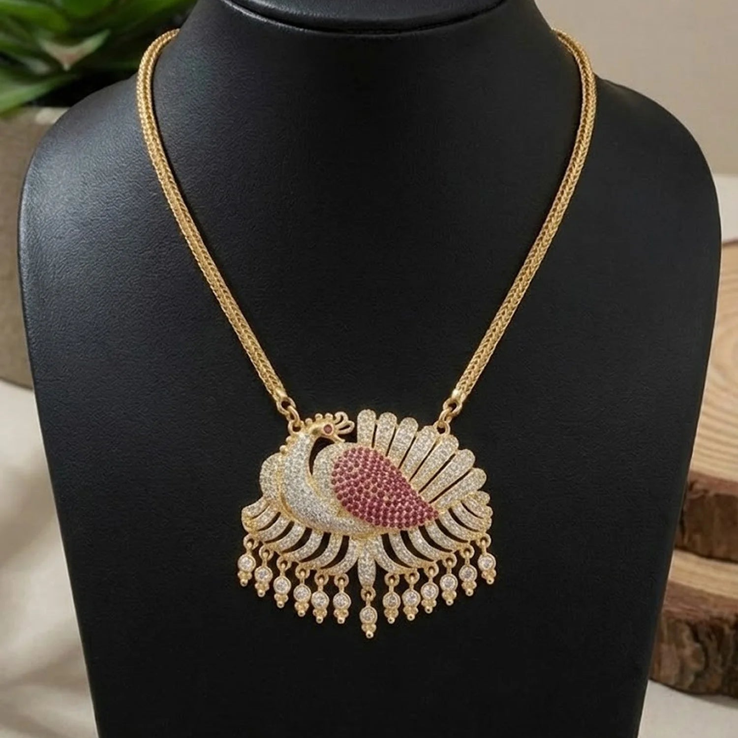 Royal Peacock AD Stone Gold Plated Pendant Chain Necklace