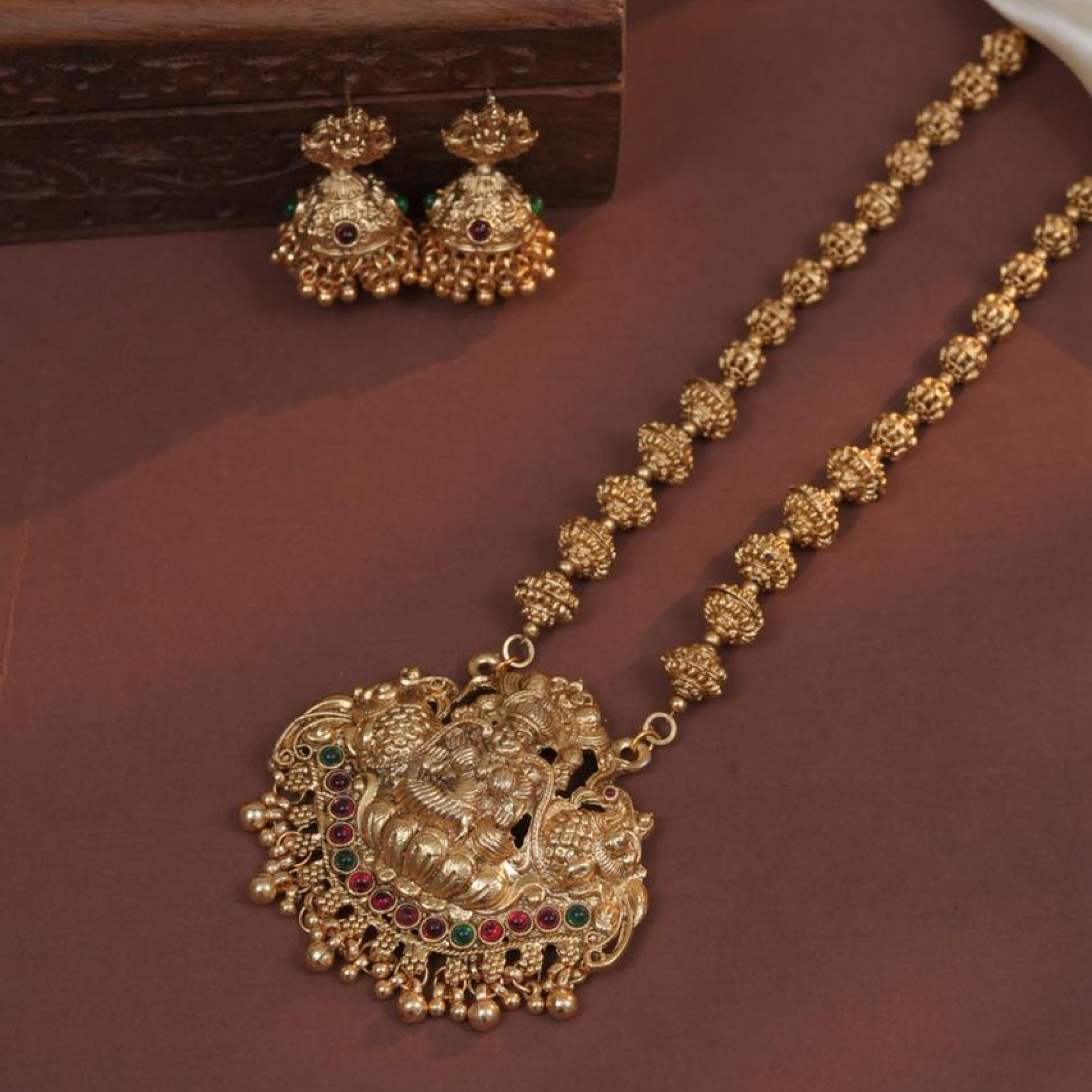 Lakshmi Peacock Temple Green Beaded Necklace