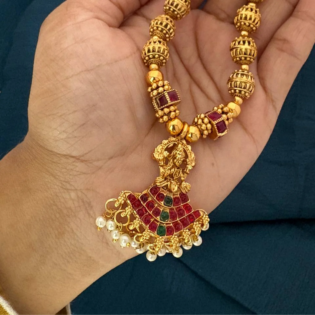 Lakshmi Ruby Gold Plated Temple Chain Necklace with Pearls