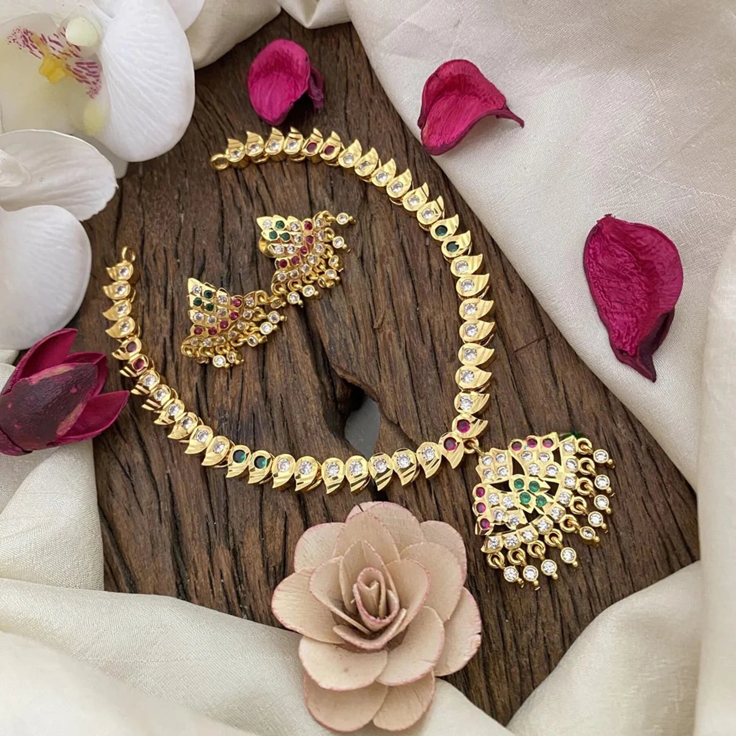 Peacock AD Stone Gold Plated Chain Necklace Set Red