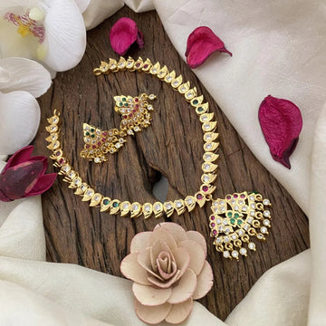 Peacock AD Stone Gold Plated Chain Necklace Set Red