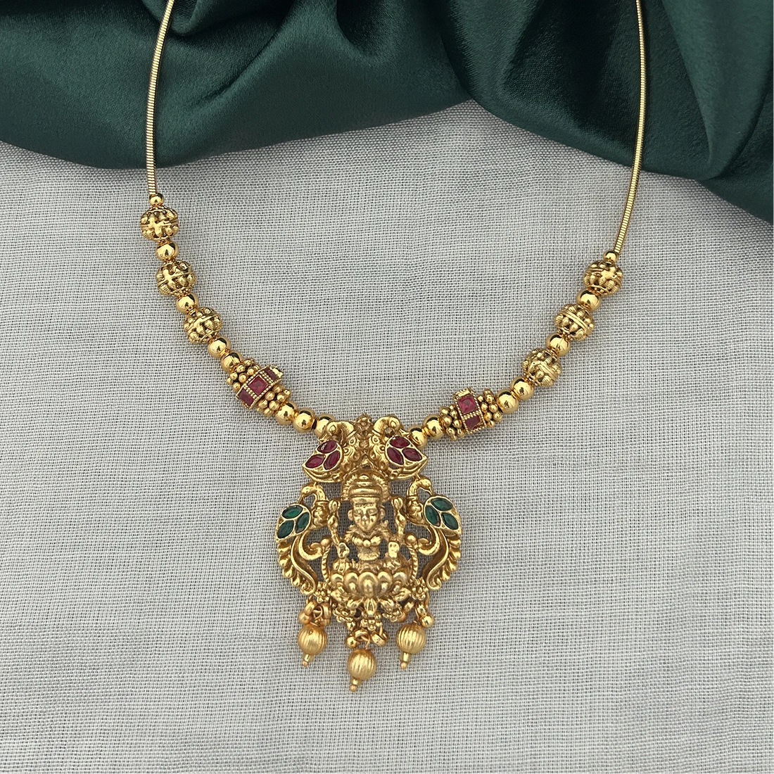 Lakshmi Peacock Temple Gold Hasli Necklace with Stones