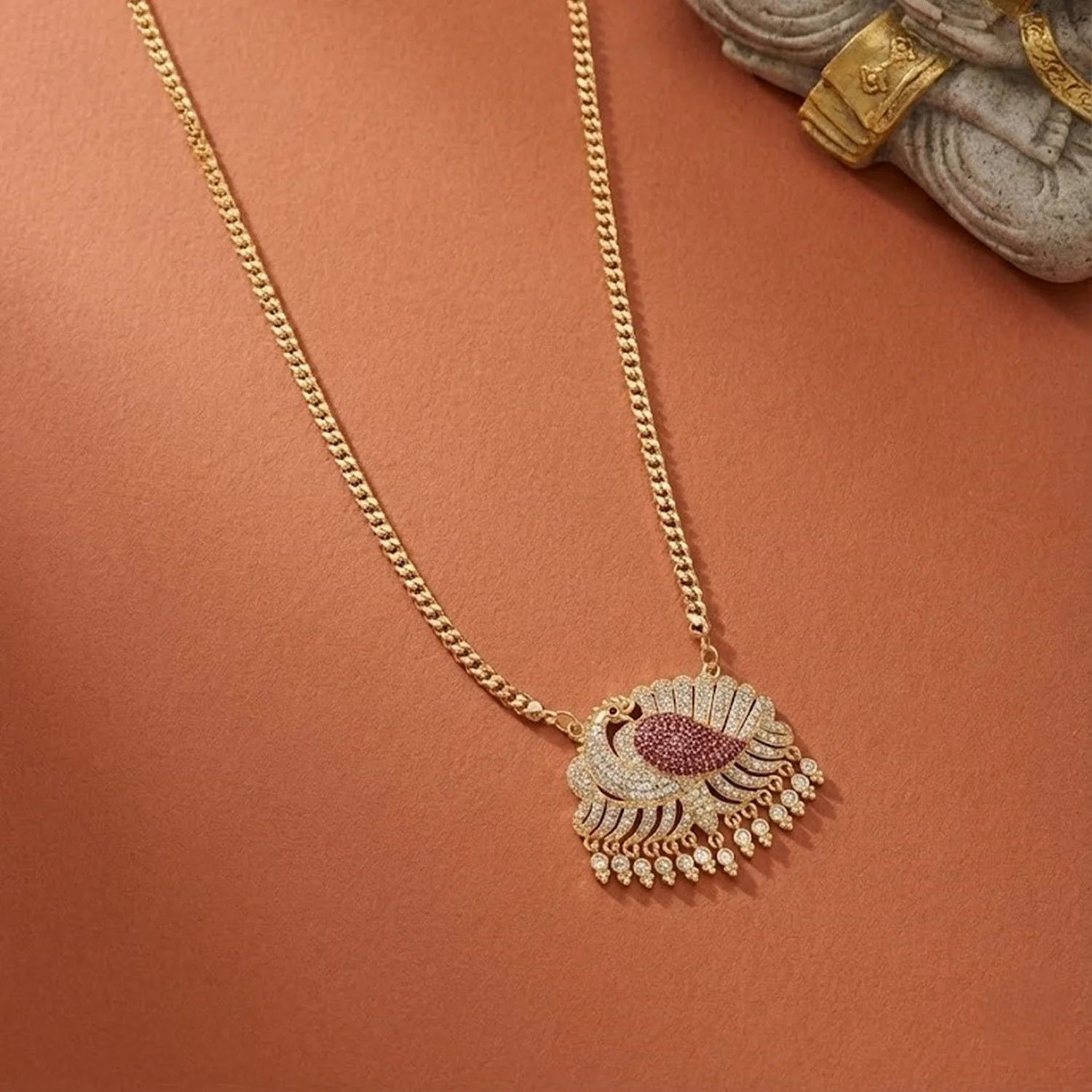 Peacock Ruby Stone Gold Plated Pendant Chain Necklace