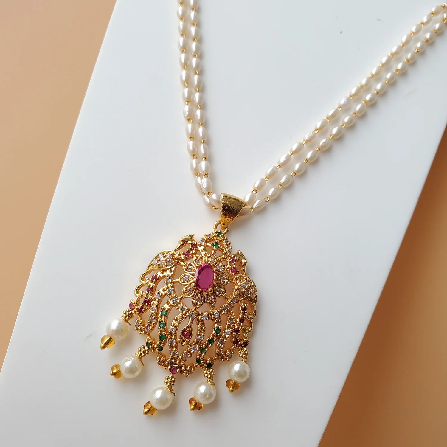 Floral AD Pendant Pearl Mala Necklace for Women