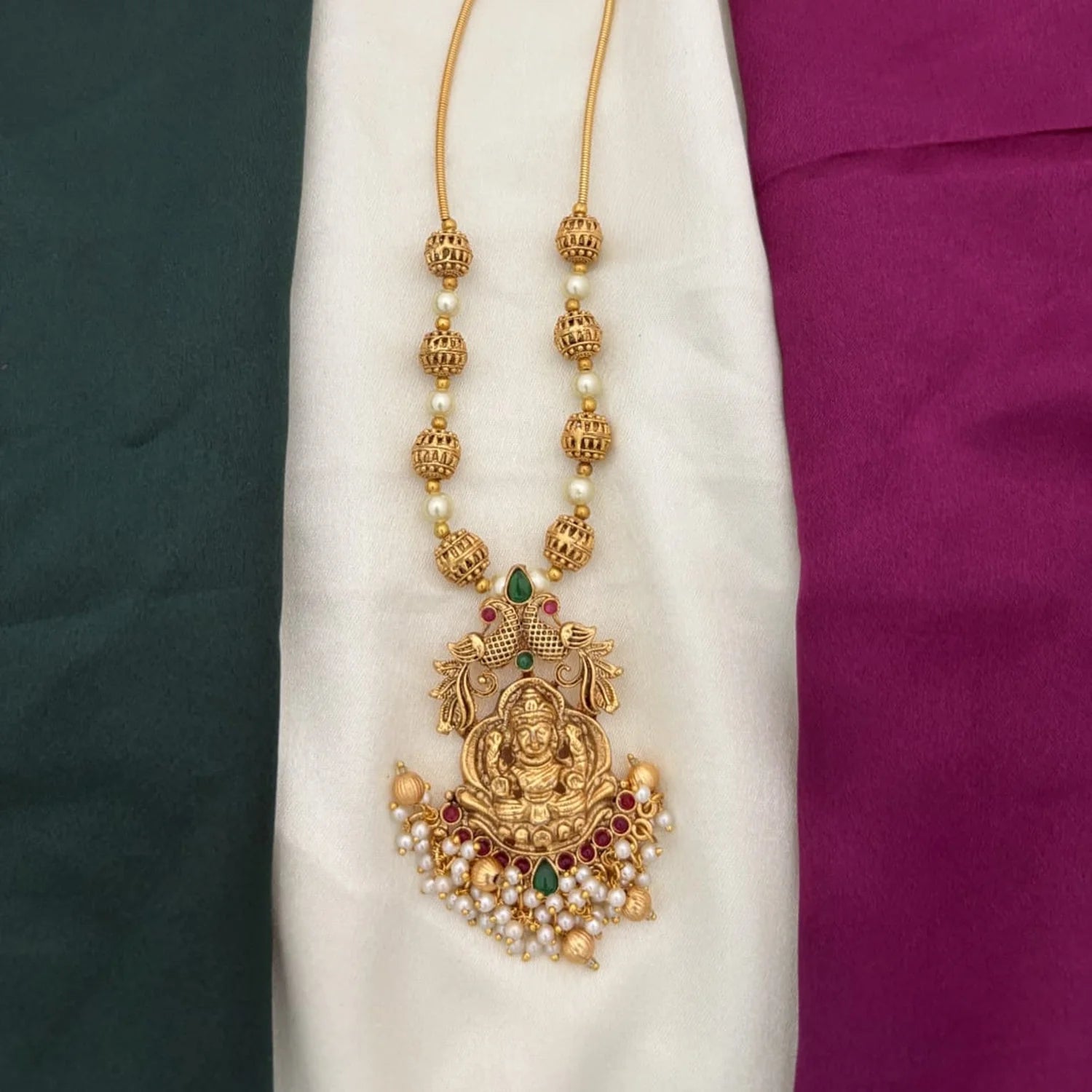 Lakshmi Peacock Gold Plated Chain Necklace with Pearls