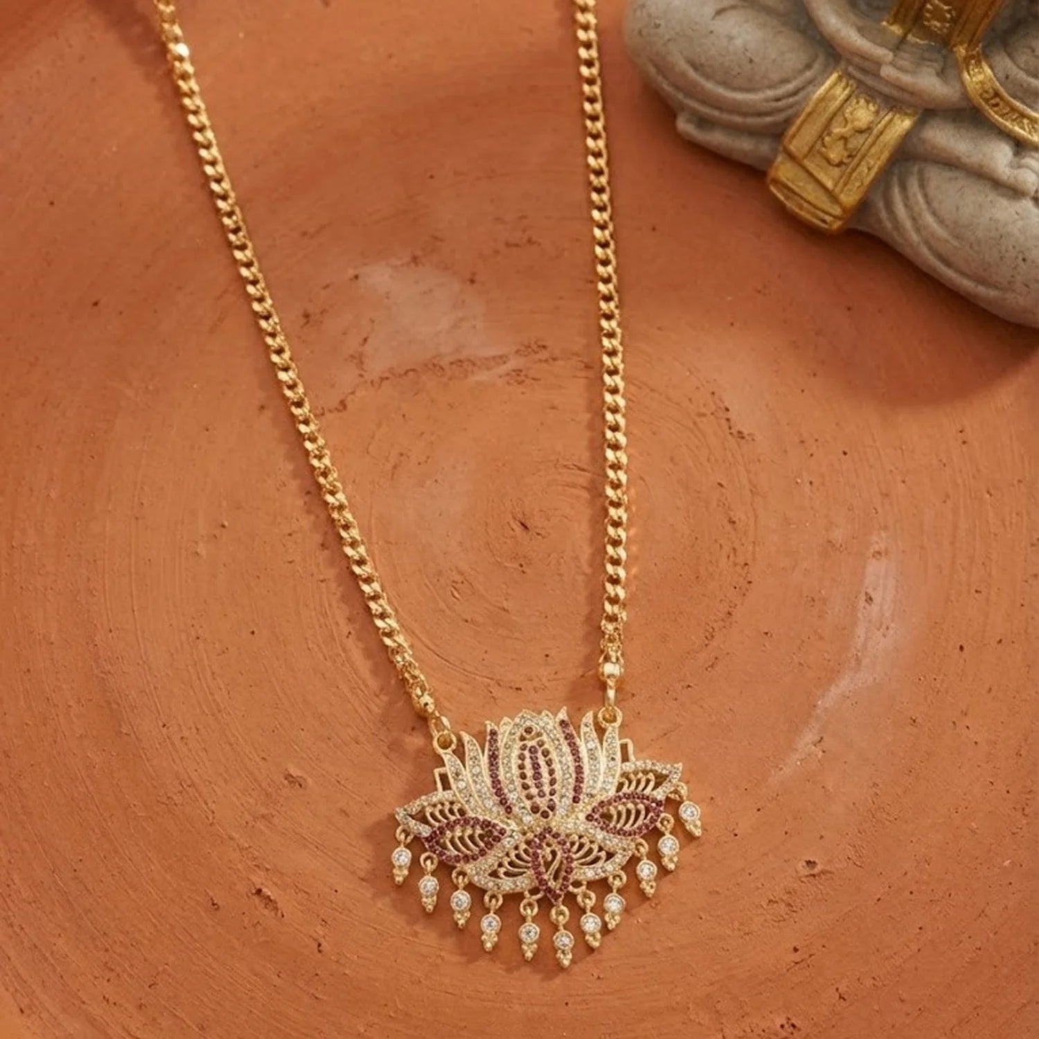 Lotus AD Stone Gold Chain Necklace with Drop Beads