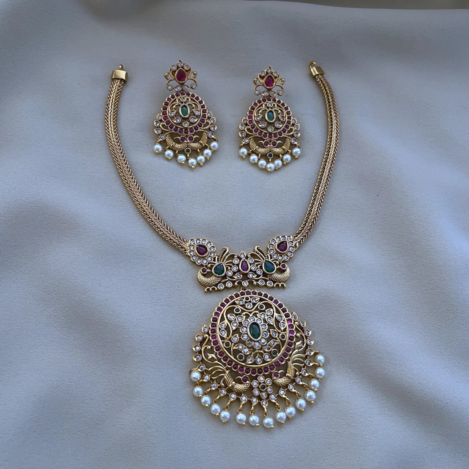 Peacock American Diamond Gold Plated Necklace Set with Earrings