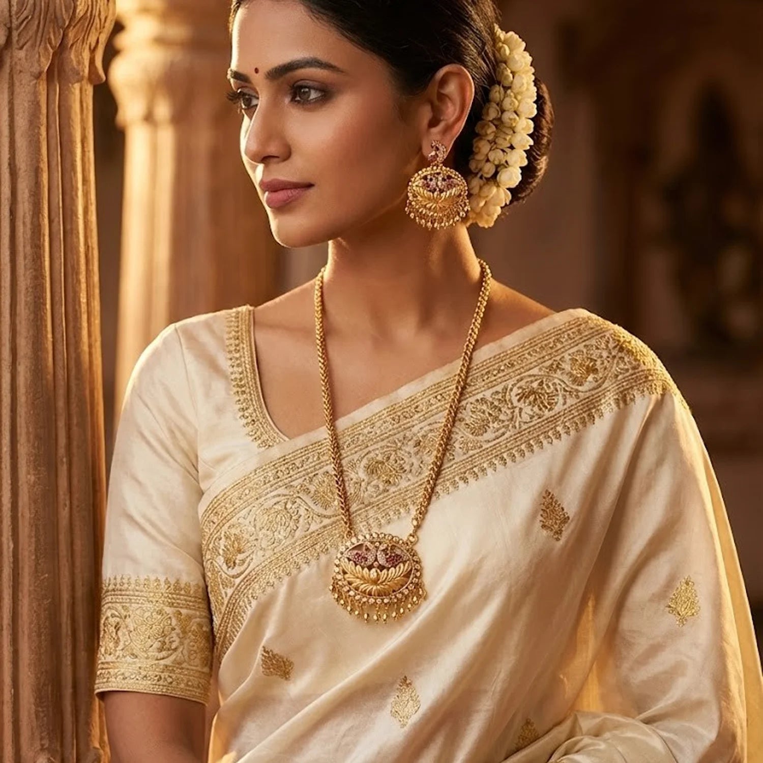 Lakshmi Temple Pendant Gold Long Chain Necklace