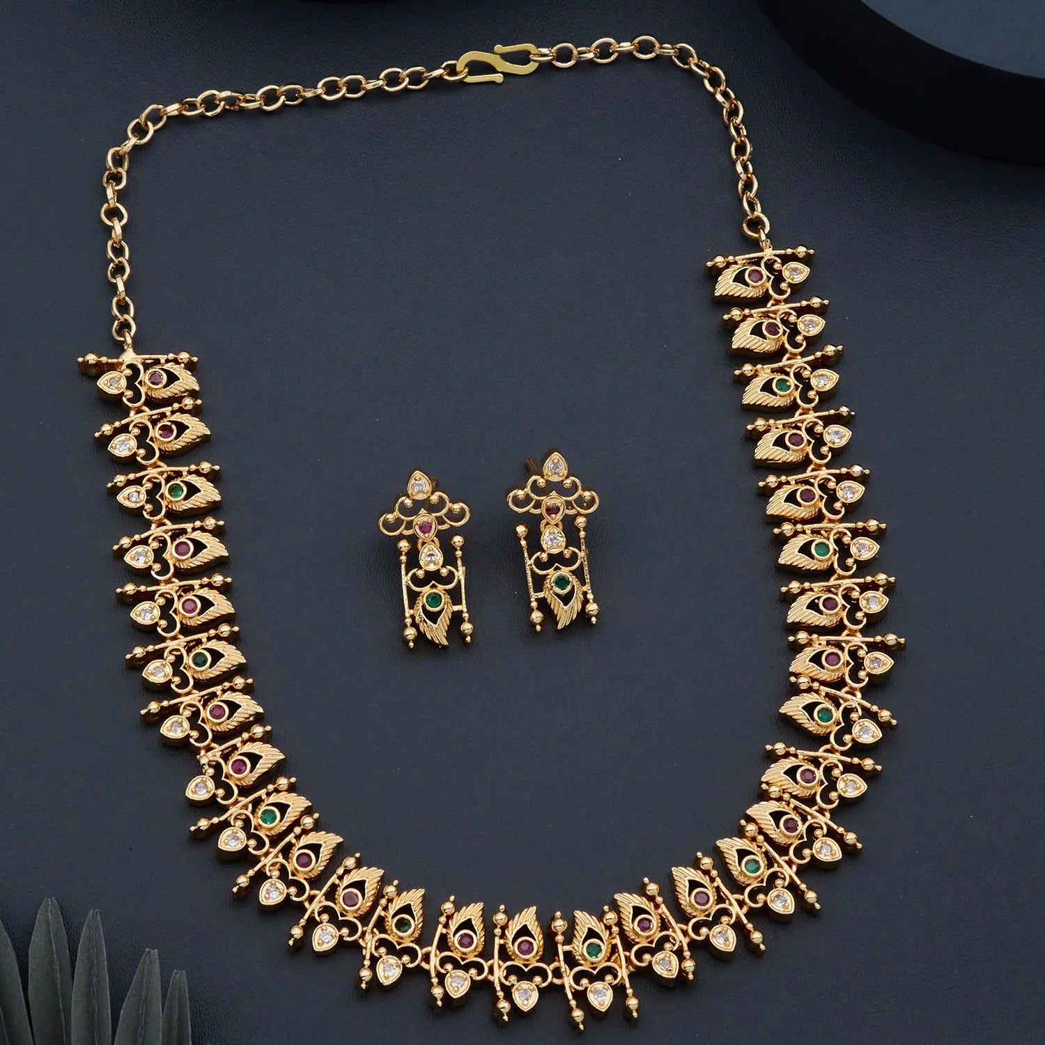 Pink Stone Gold Plated American Diamond Necklace Set