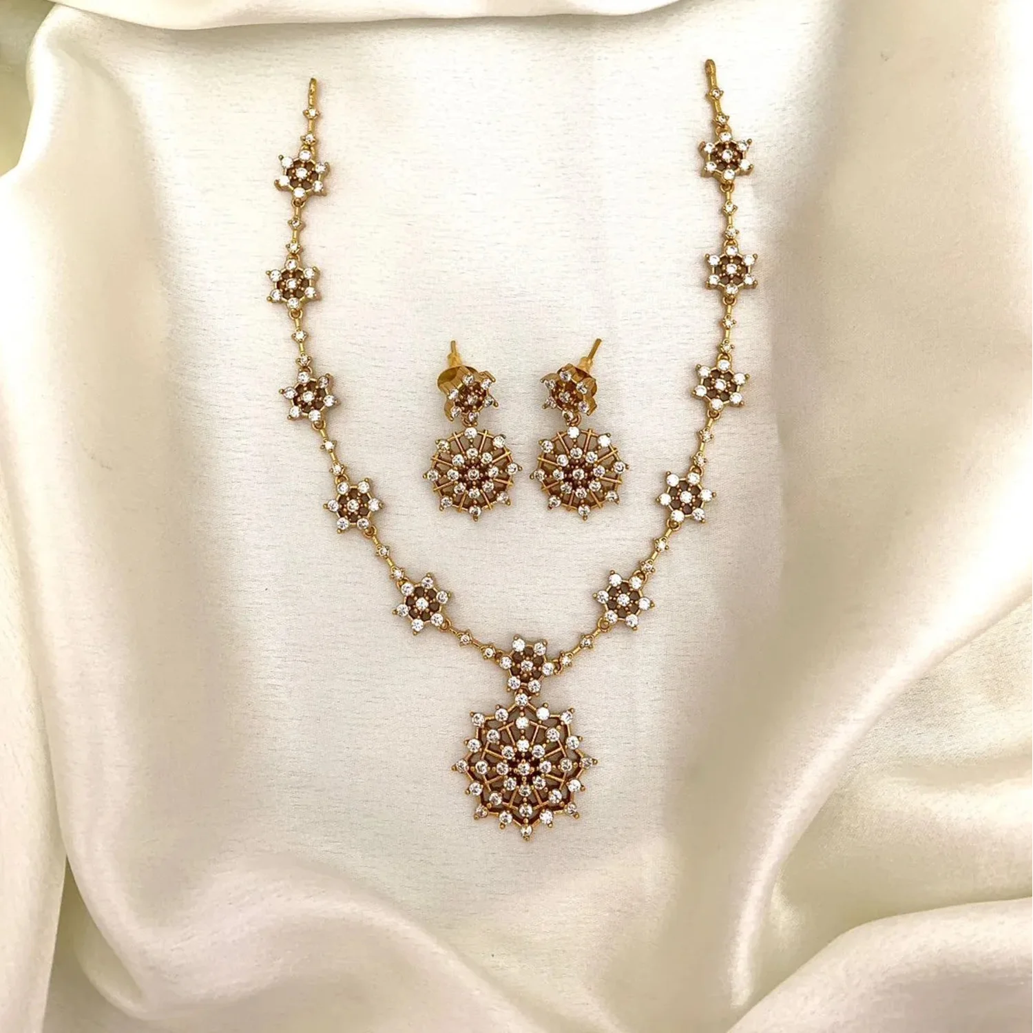 Floral American Diamond Gold Plated Necklace Set
