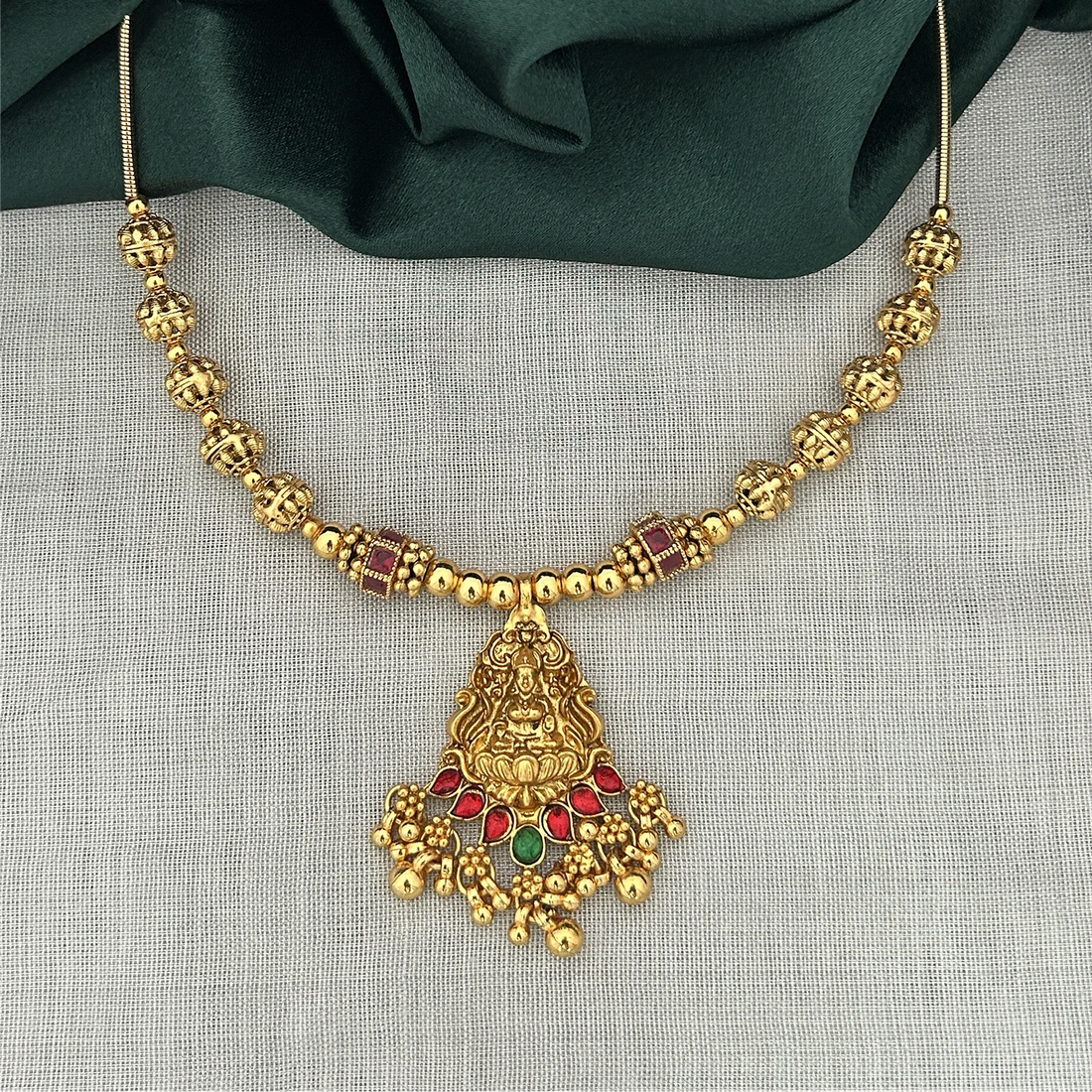 Lakshmi Temple Pendant Gold Hasli Necklace with Stones