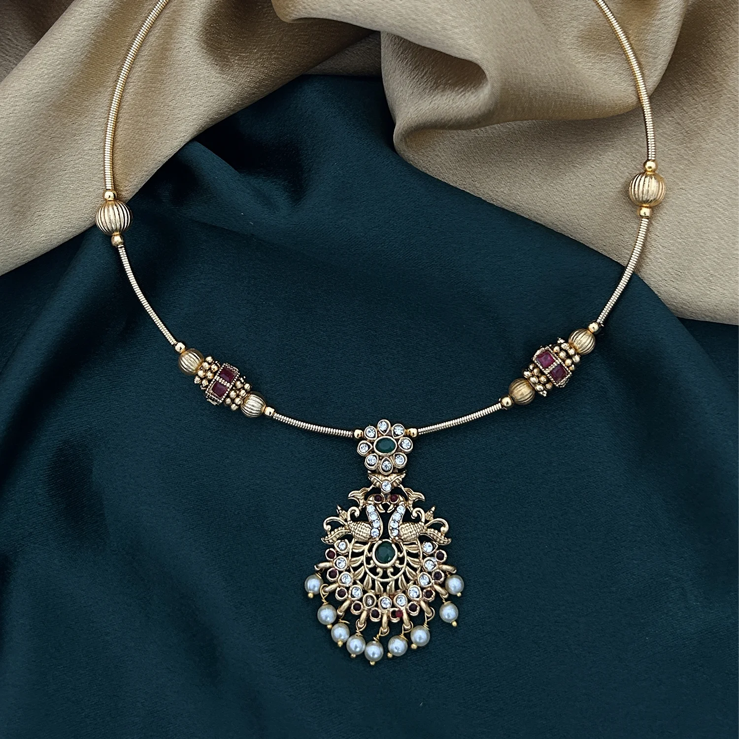 Peacock Pearl Gold Plated Hasli Chain Necklace with Stones