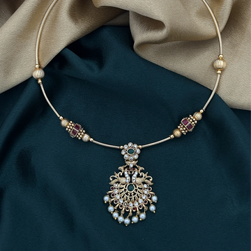 Peacock Pearl Gold Plated Hasli Chain Necklace with Stones
