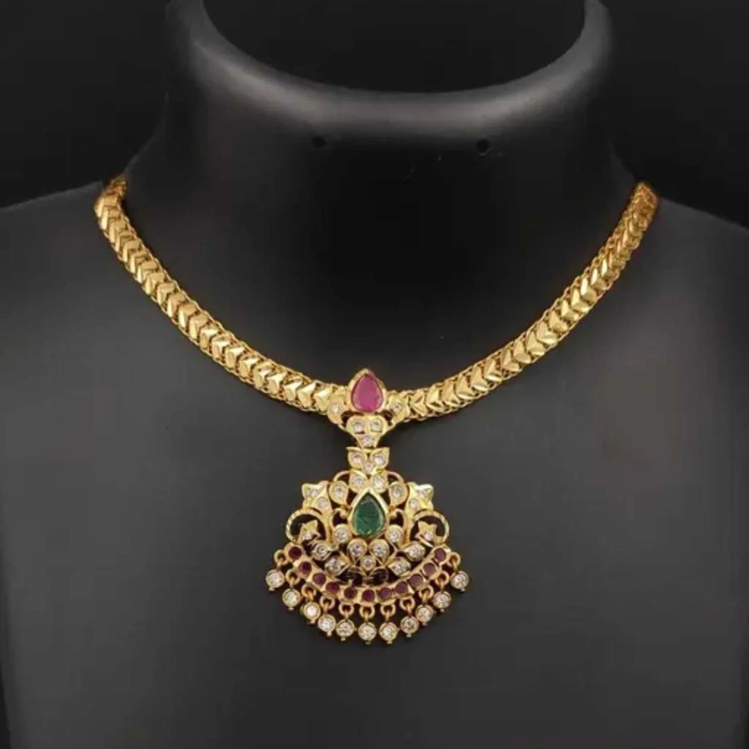 Multi Stone Temple Pendant Gold Chain Necklace for Women