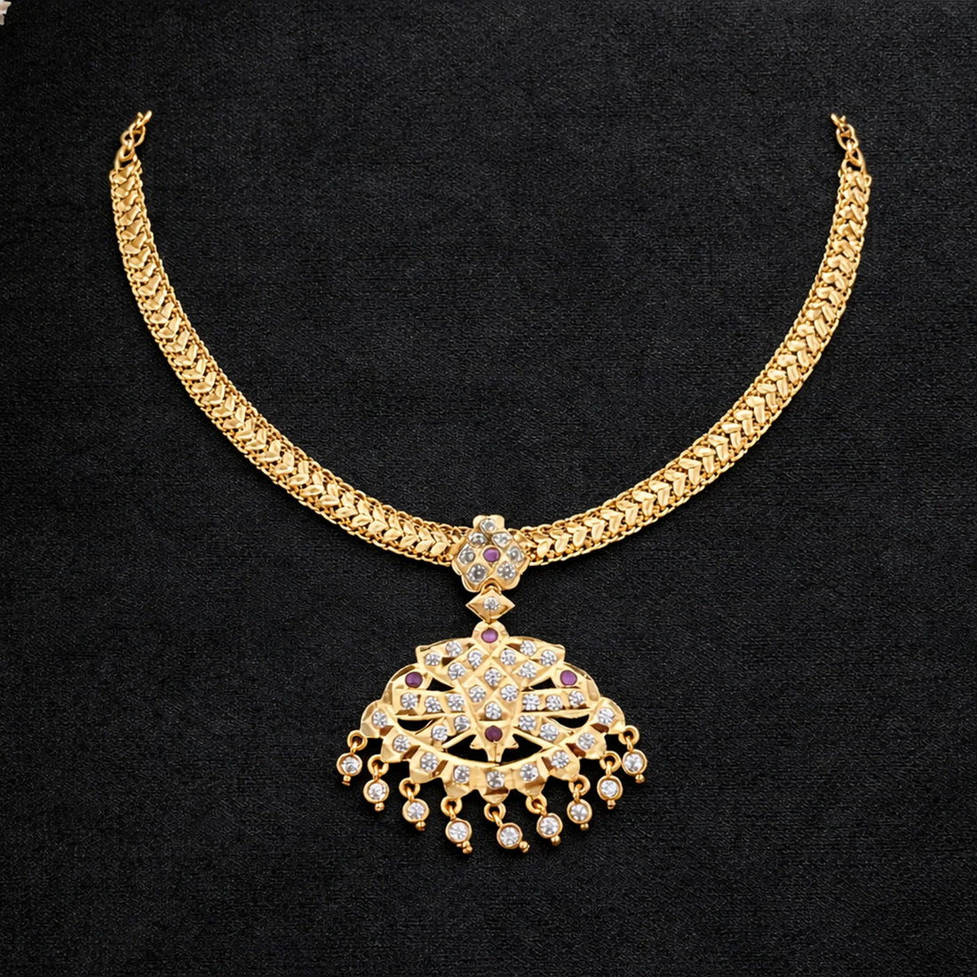 Gold Plated Pendant Chain Necklace with Stone Work