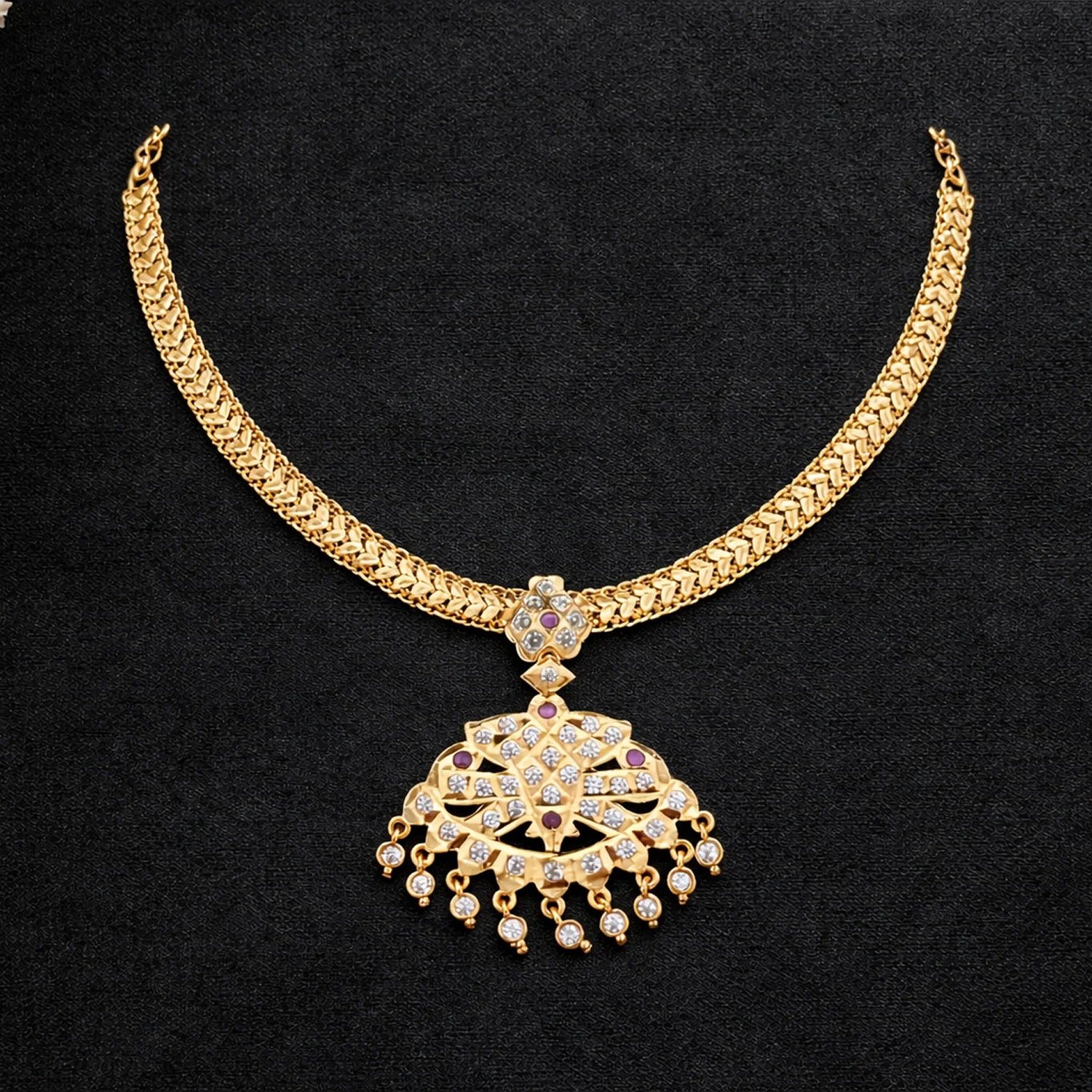 Gold Plated Pendant Chain Necklace with Stone Work