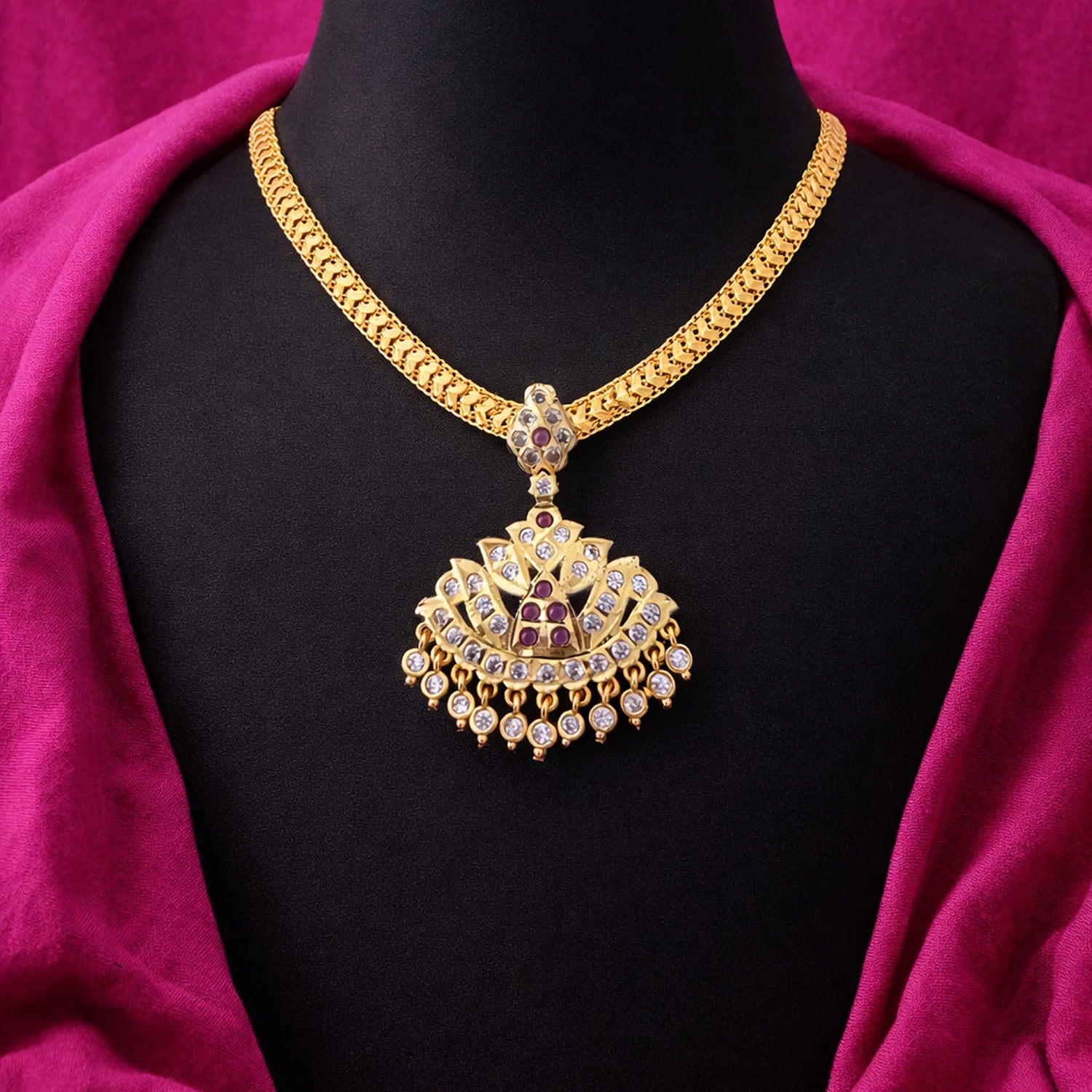 Antique Gold Plated AD Stone Pendant Chain Necklace