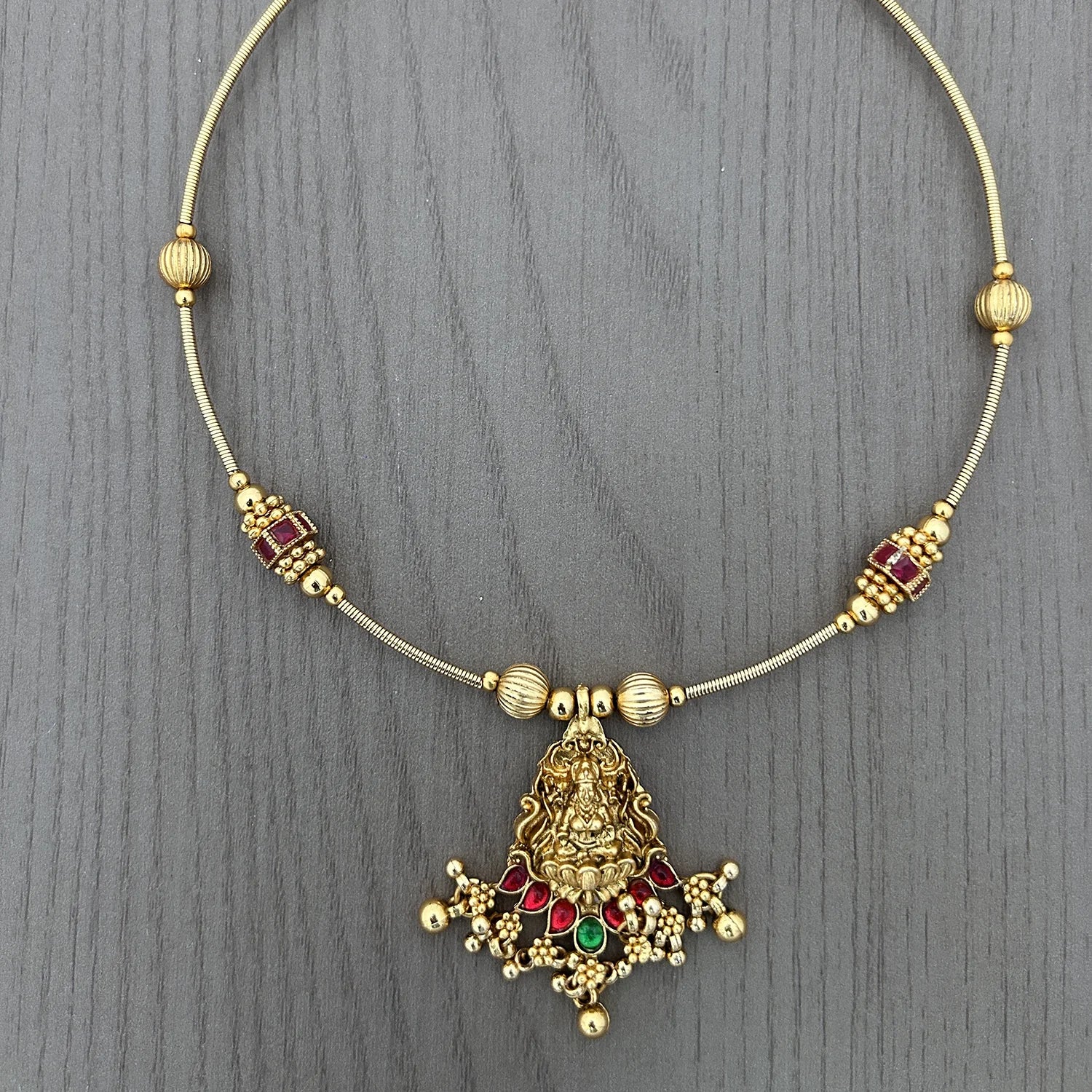 Lakshmi Temple Gold Plated Hasli Chain Necklace with Stones
