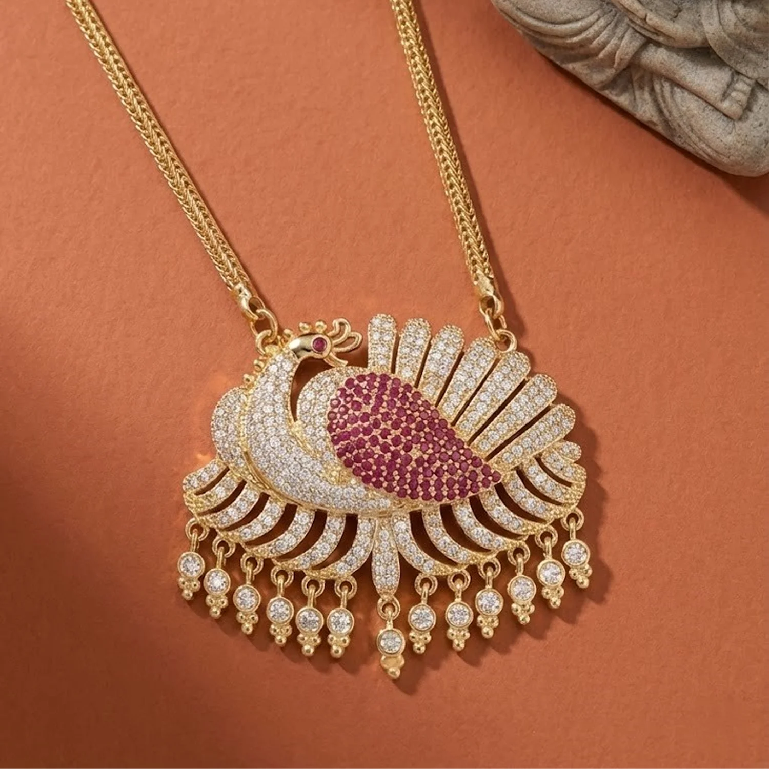 Royal Peacock AD Stone Gold Plated Pendant Chain Necklace