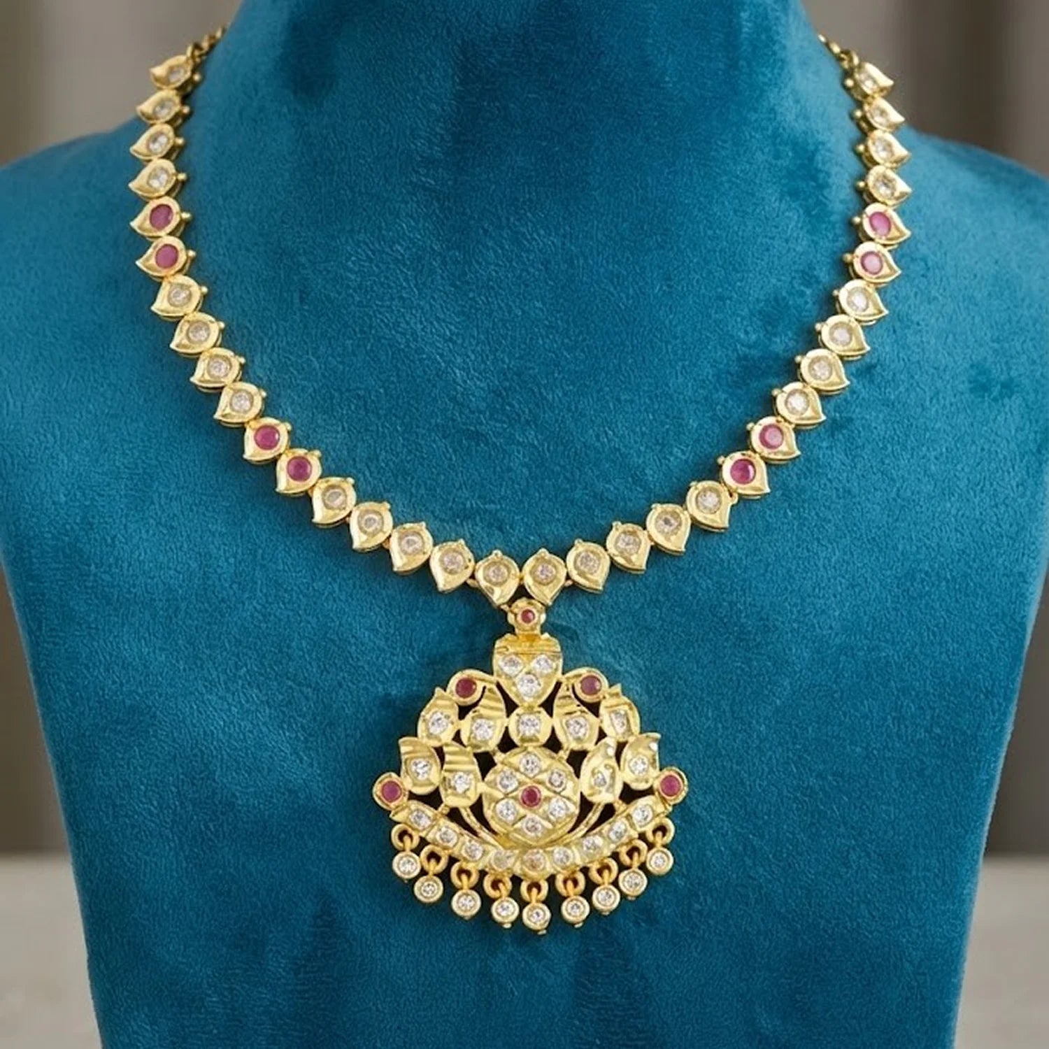 Red Stone Gold Plated Pendant Chain Necklace for Women