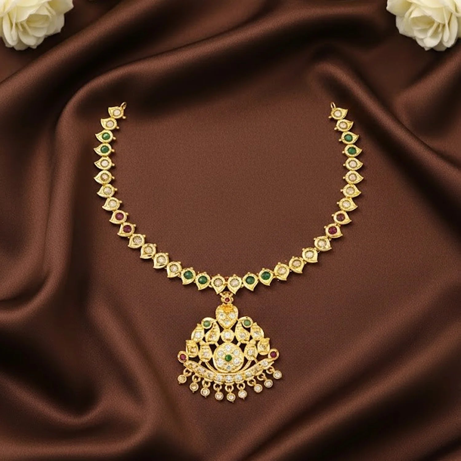 Multi Stone Gold Plated Pendant Chain Necklace for Women