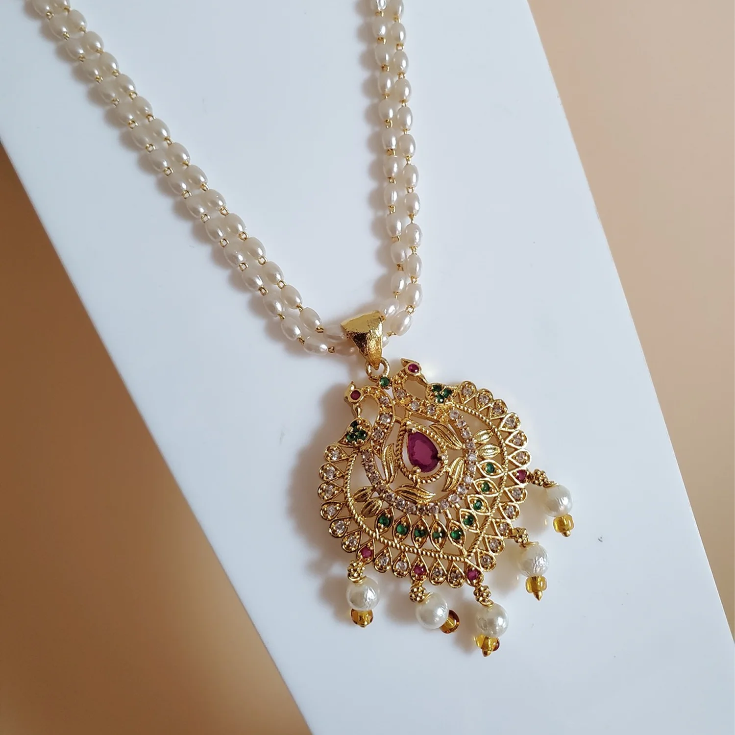 Peacock Pearl AD Pendant Mala Necklace for Women