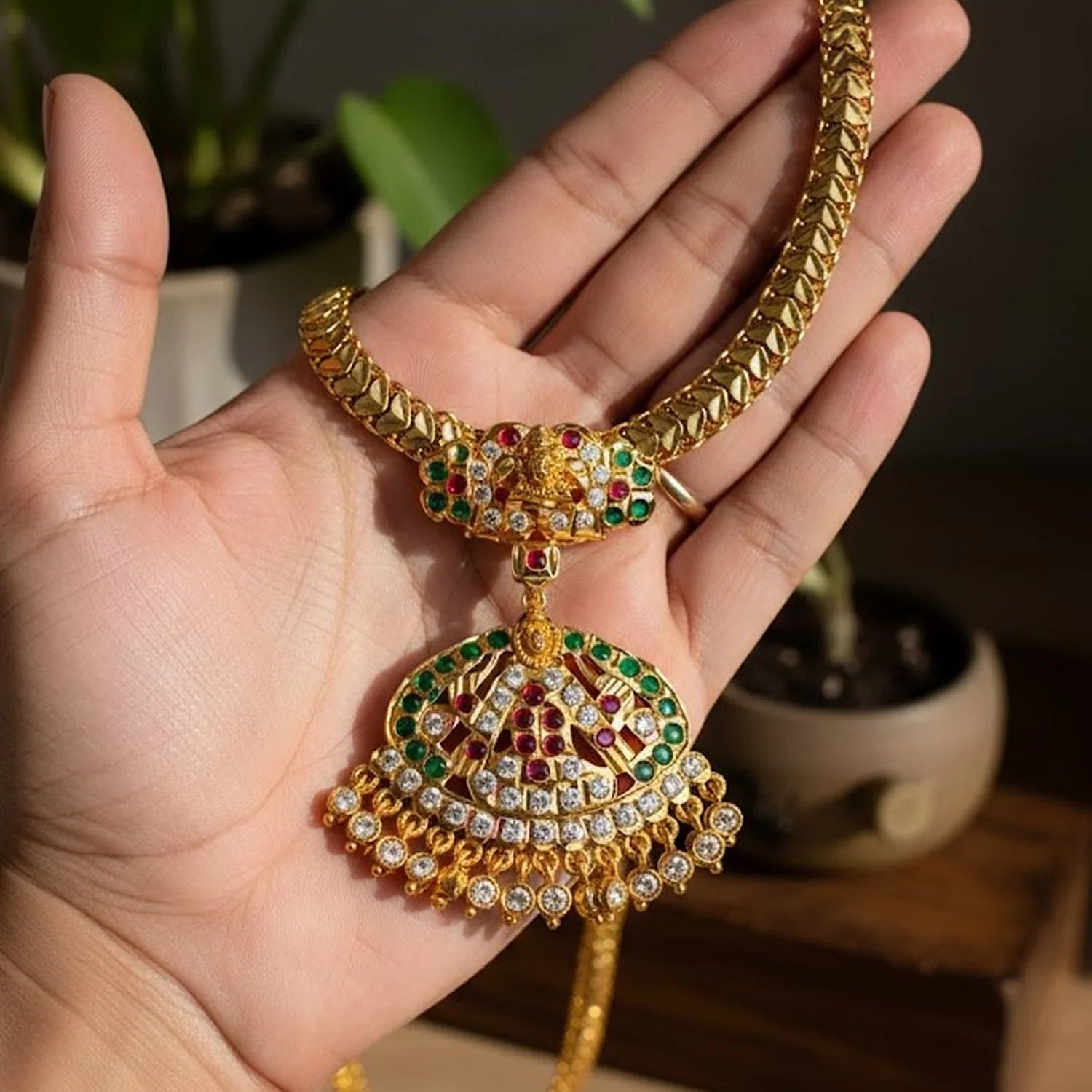 Lakshmi Temple Design Gold Chain Necklace