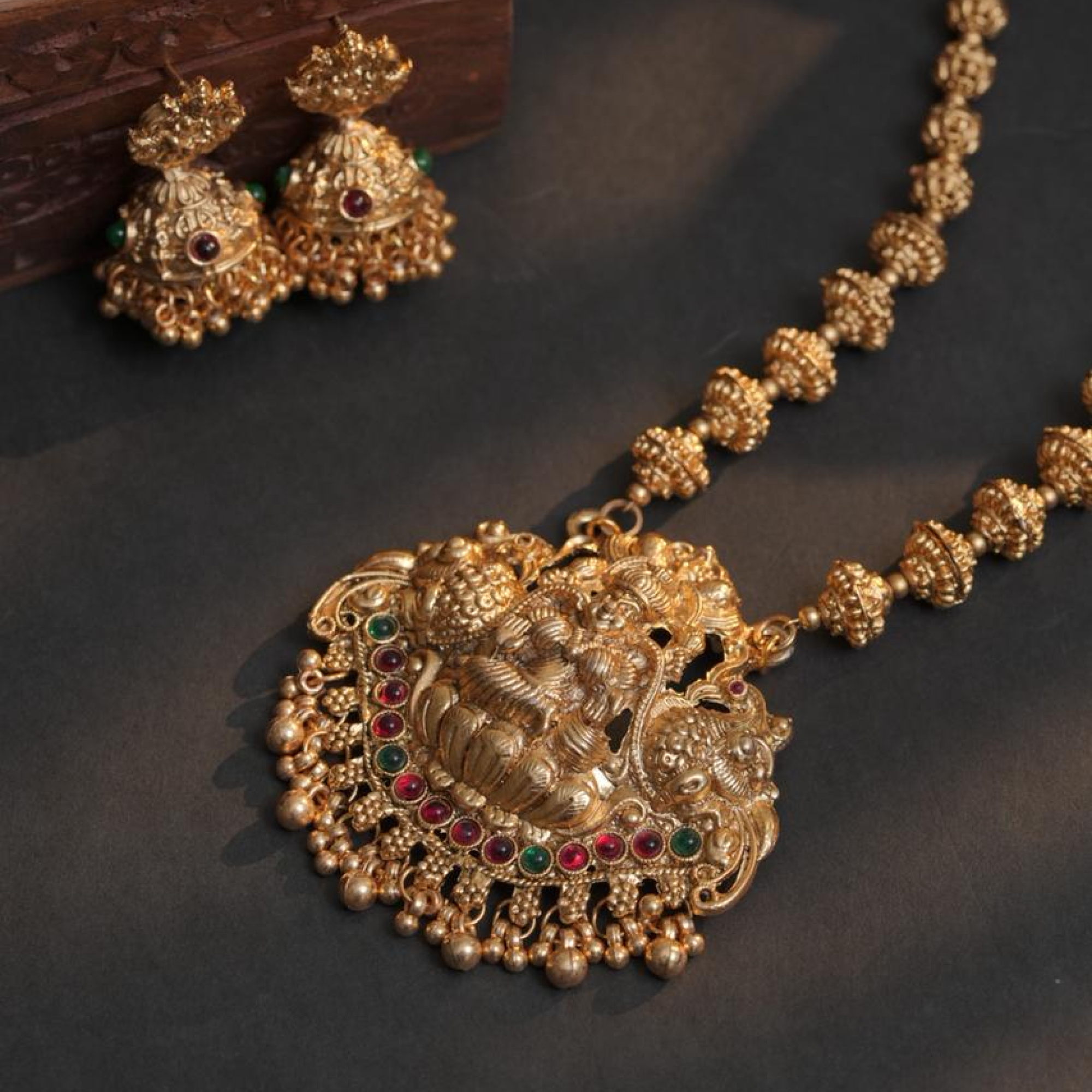 Lakshmi Peacock Temple Green Beaded Necklace