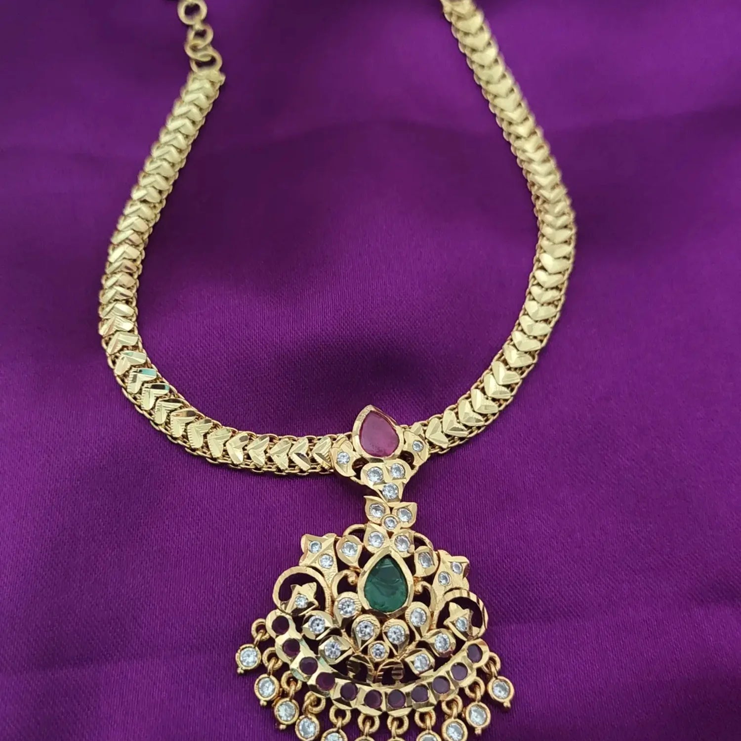 Multi Stone Temple Pendant Gold Chain Necklace for Women