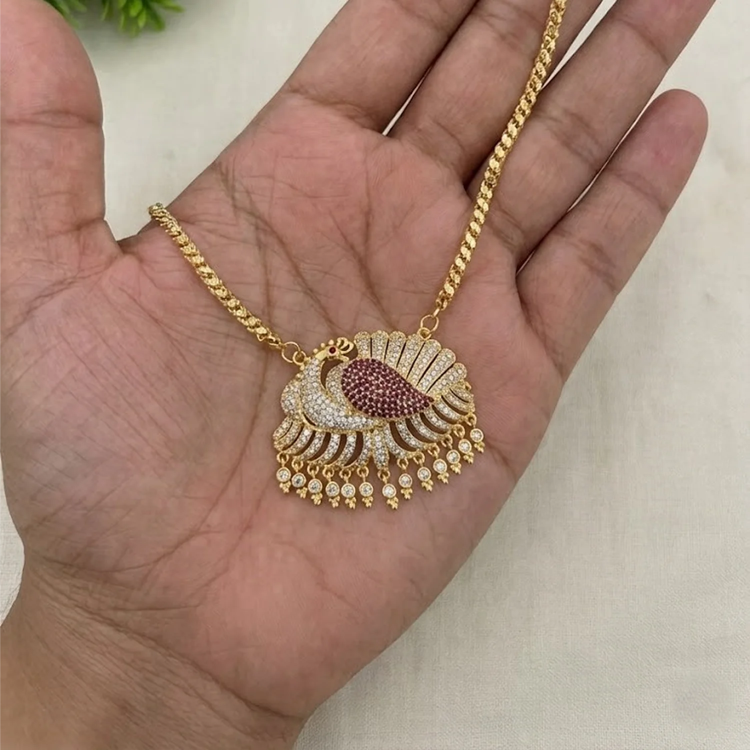 Peacock Ruby Stone Gold Plated Pendant Chain Necklace