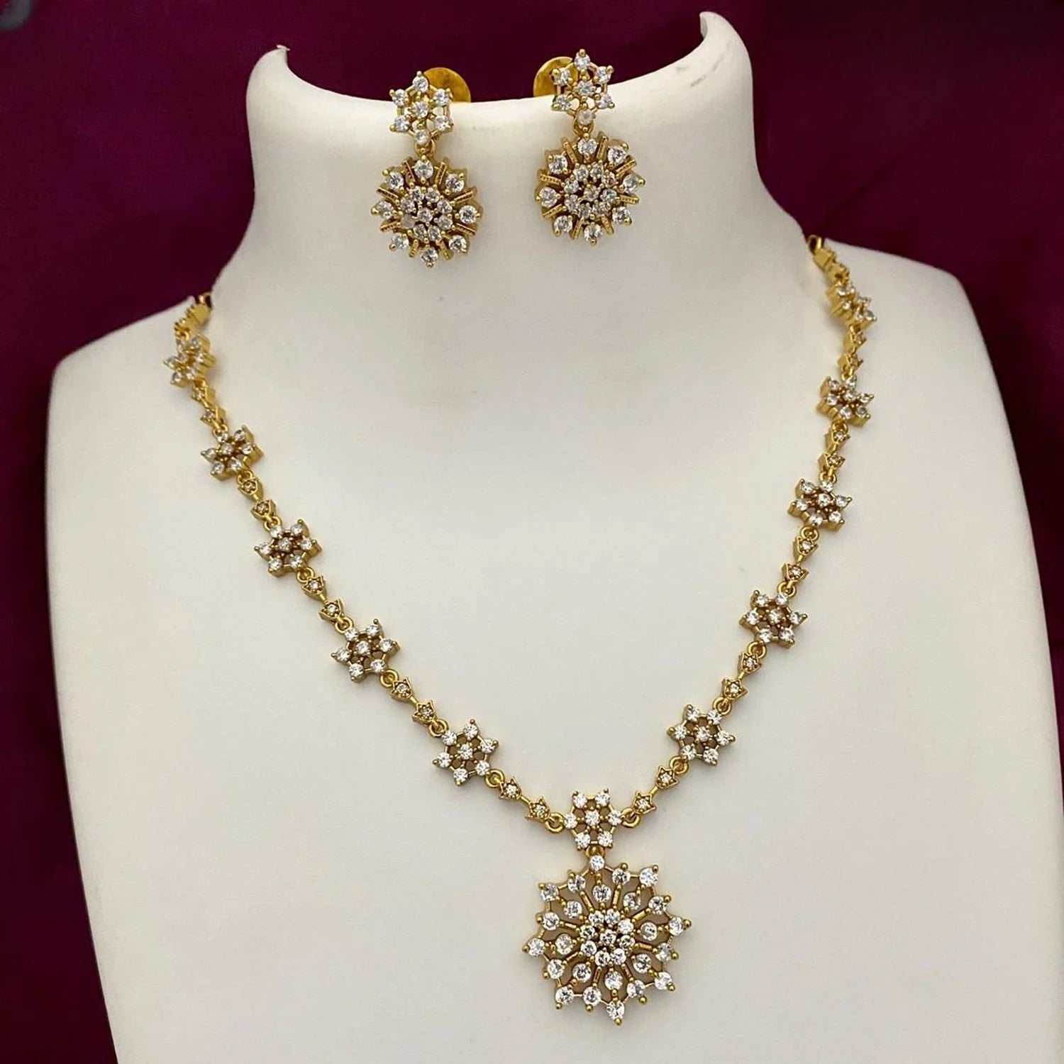 Floral American Diamond Gold Plated Necklace Set