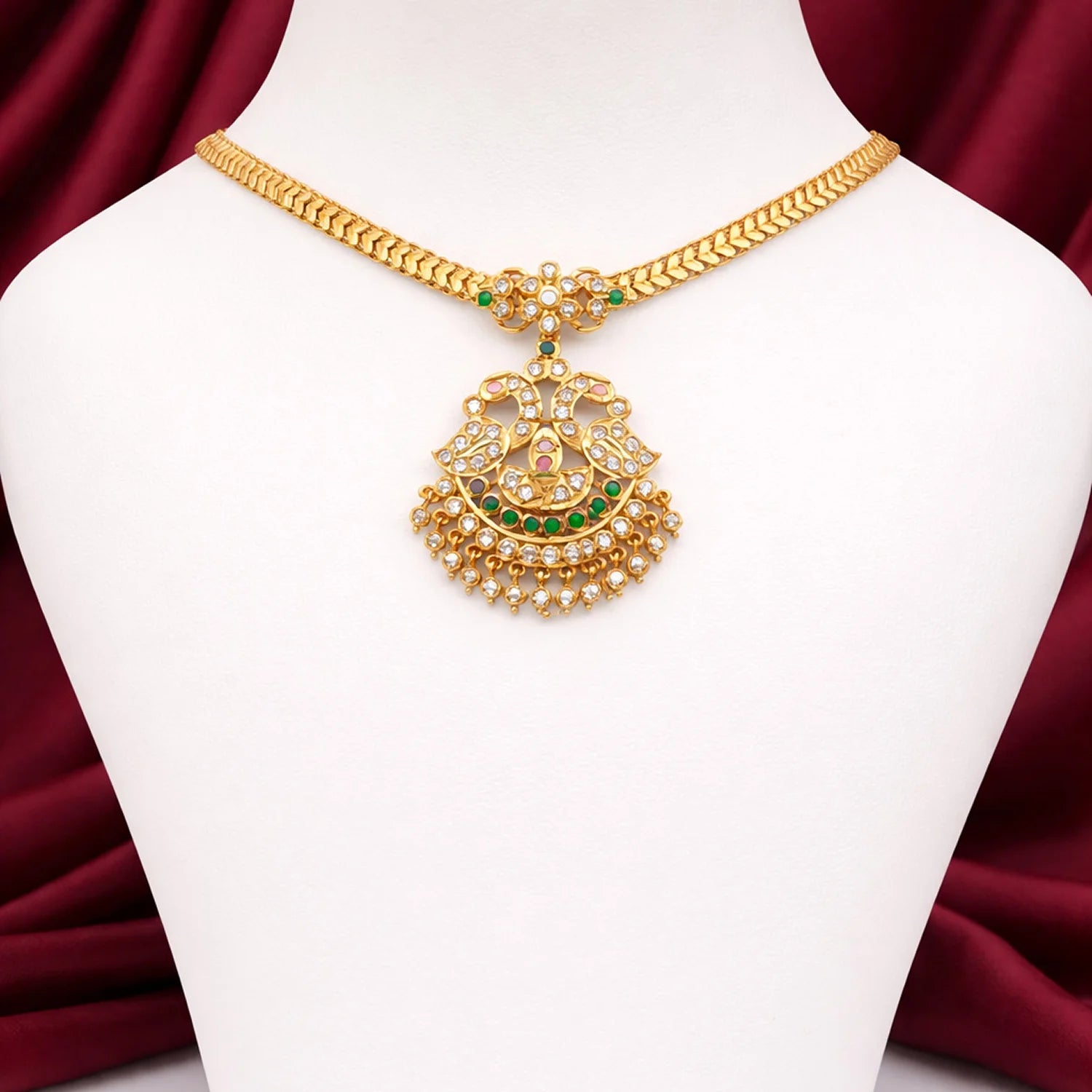 Gold Plated AD Multi Stone Pendant Chain Necklace for Women