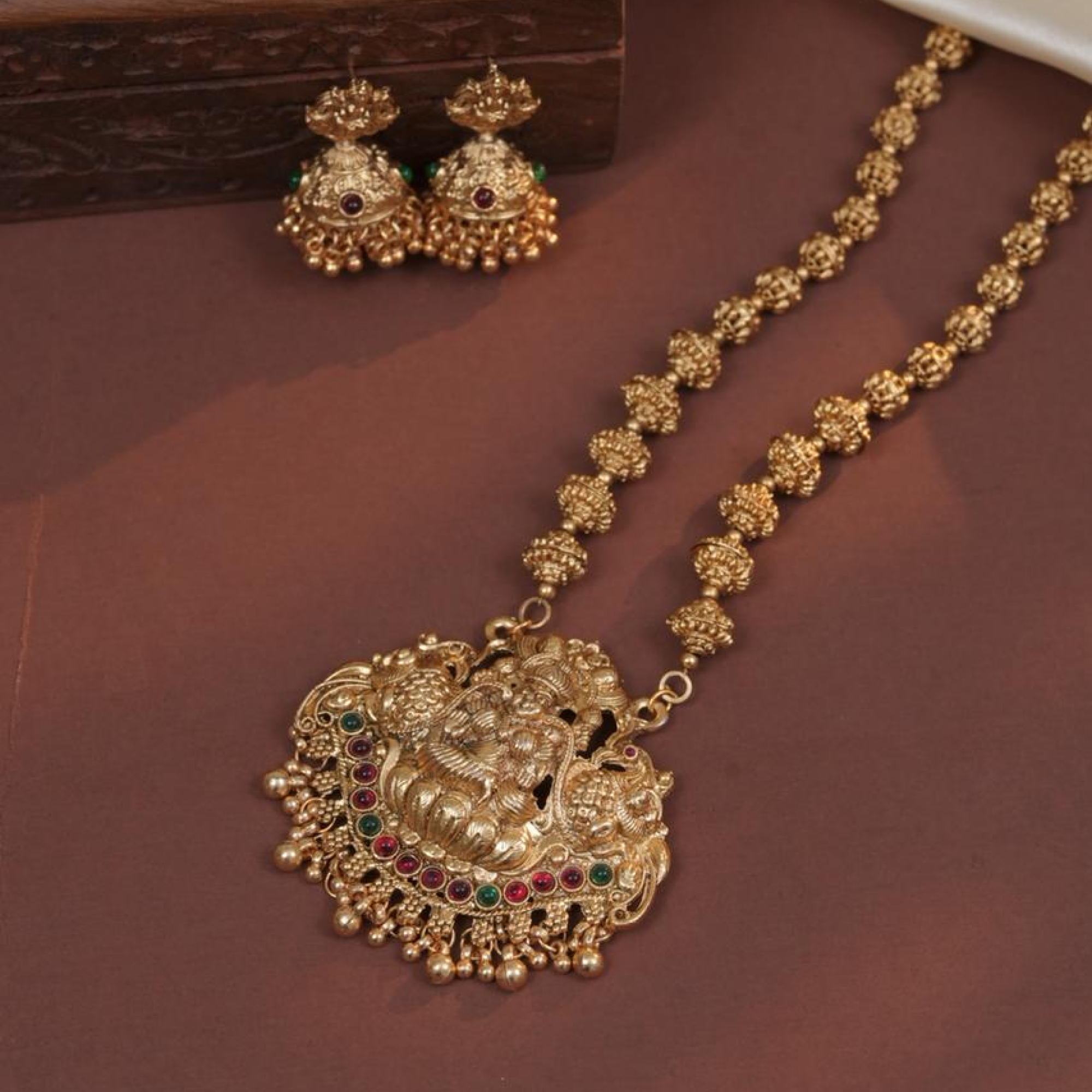 Lakshmi Peacock Temple Green Beaded Necklace