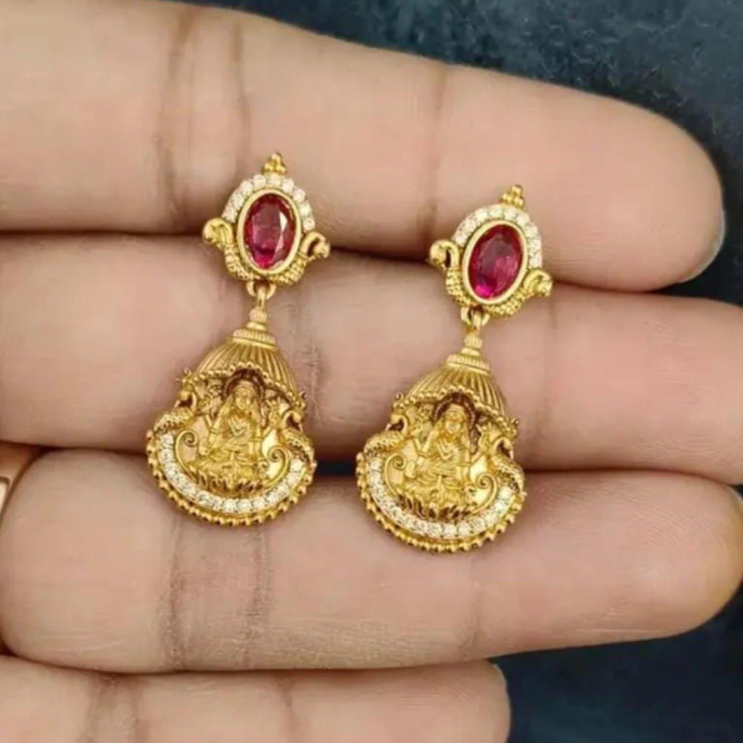 Lakshmi Temple Gold Plated Jhumka Earrings