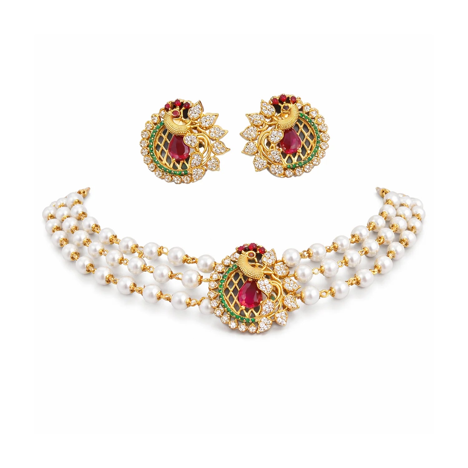 Traditional Peacock Pearl Choker Set with Gold Finish