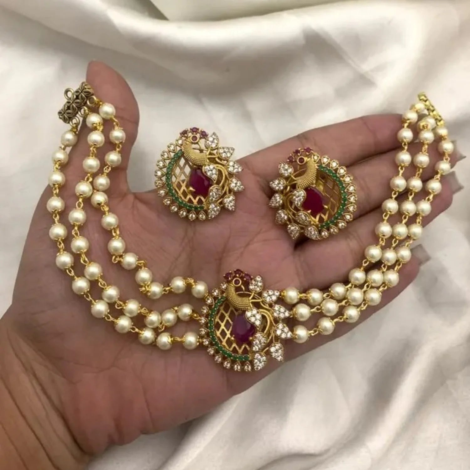 Traditional Peacock Pearl Choker Set with Gold Finish