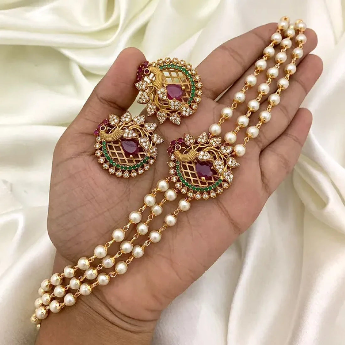 Traditional Peacock Pearl Choker Set with Gold Finish