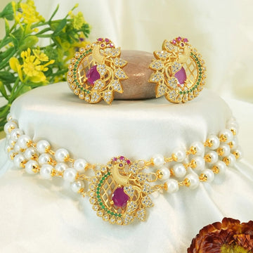 Traditional Peacock Pearl Choker Set with Gold Finish