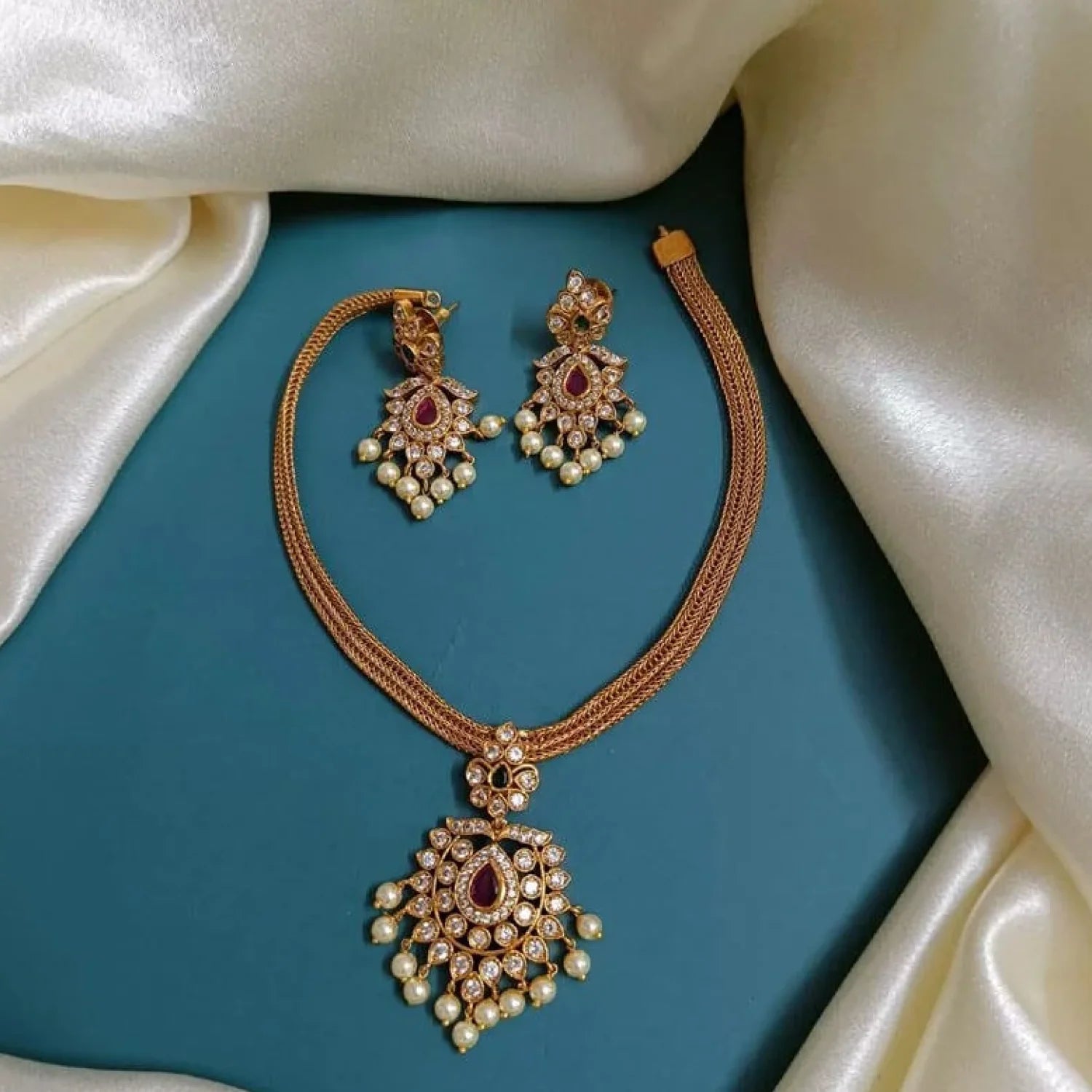 Ruby Pearl Gold Plated Choker Set with Earrings