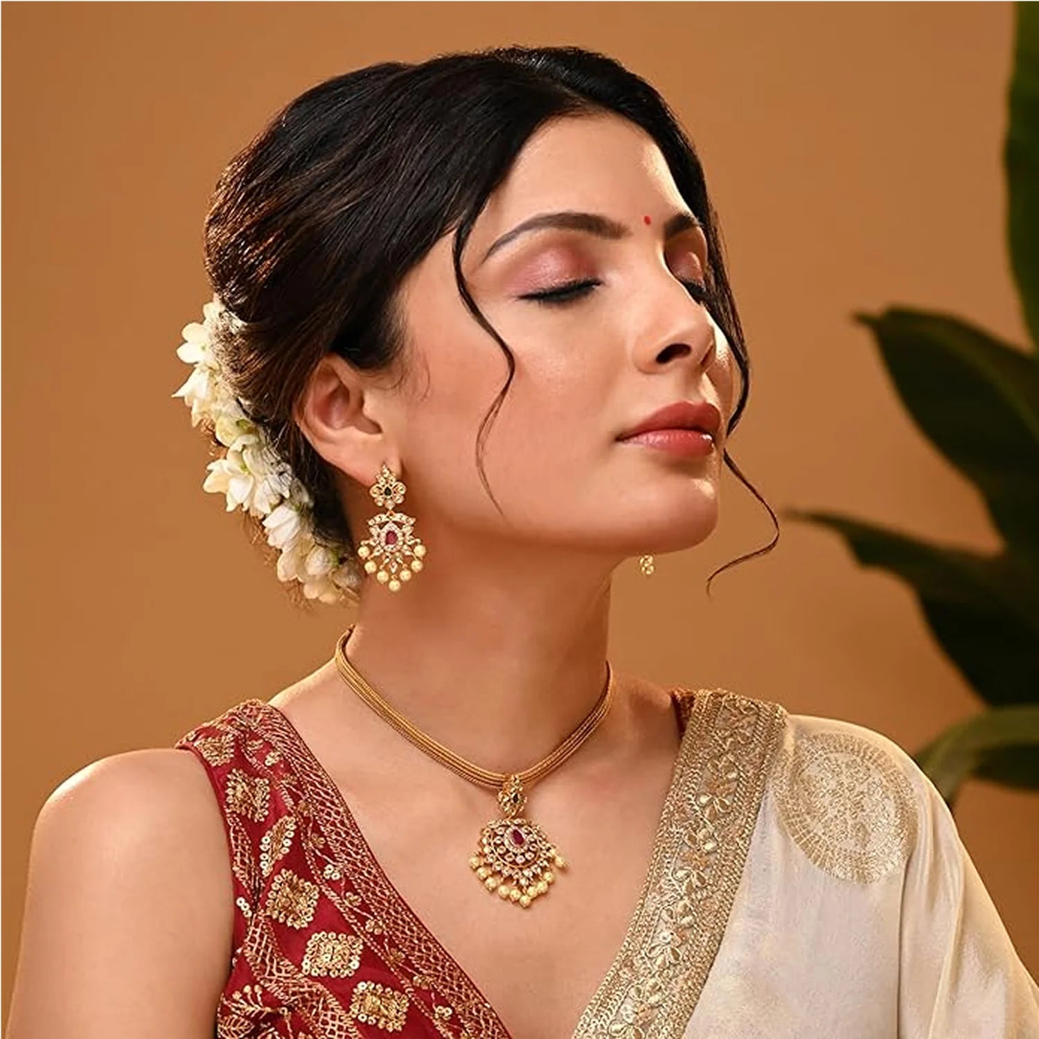 Ruby Pearl Gold Plated Choker Set with Earrings