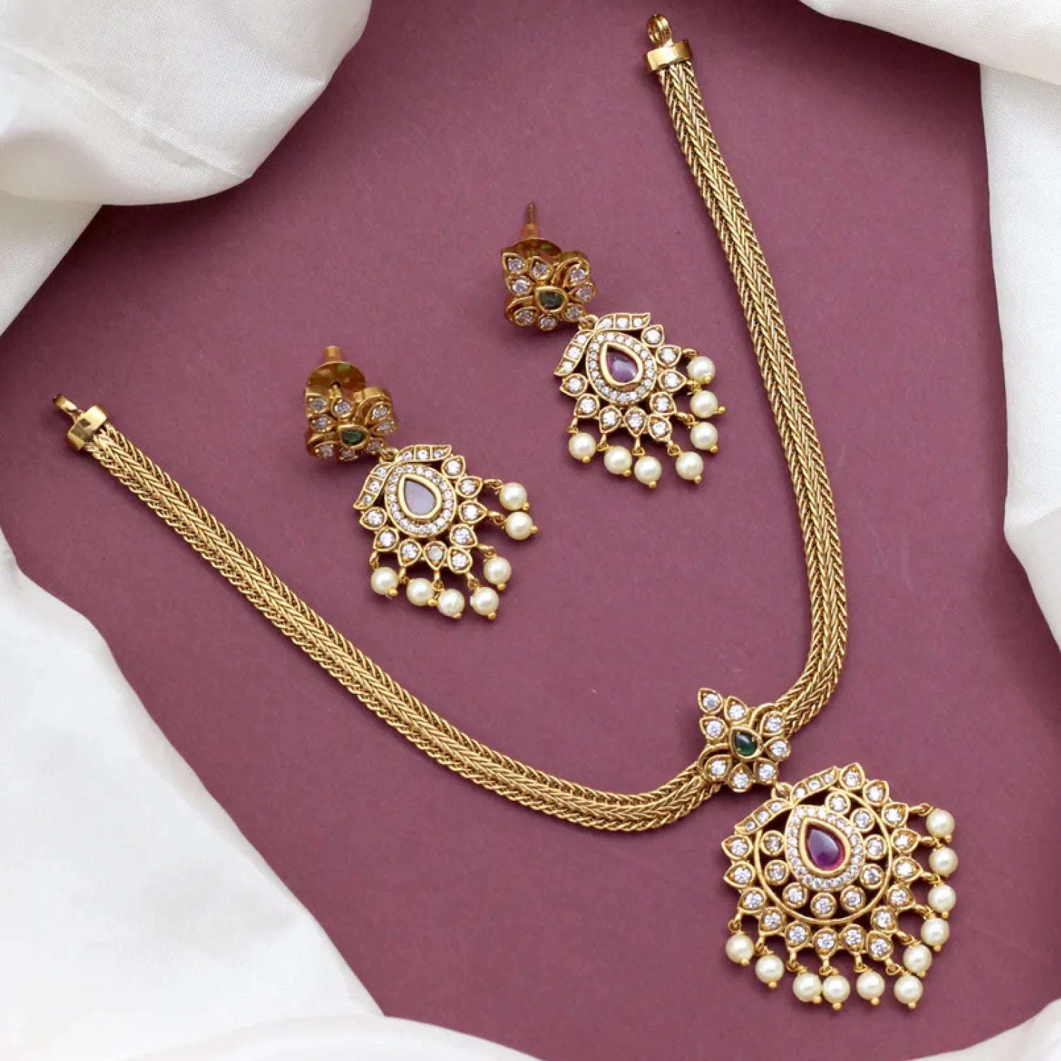 Ruby Pearl Gold Plated Choker Set with Earrings