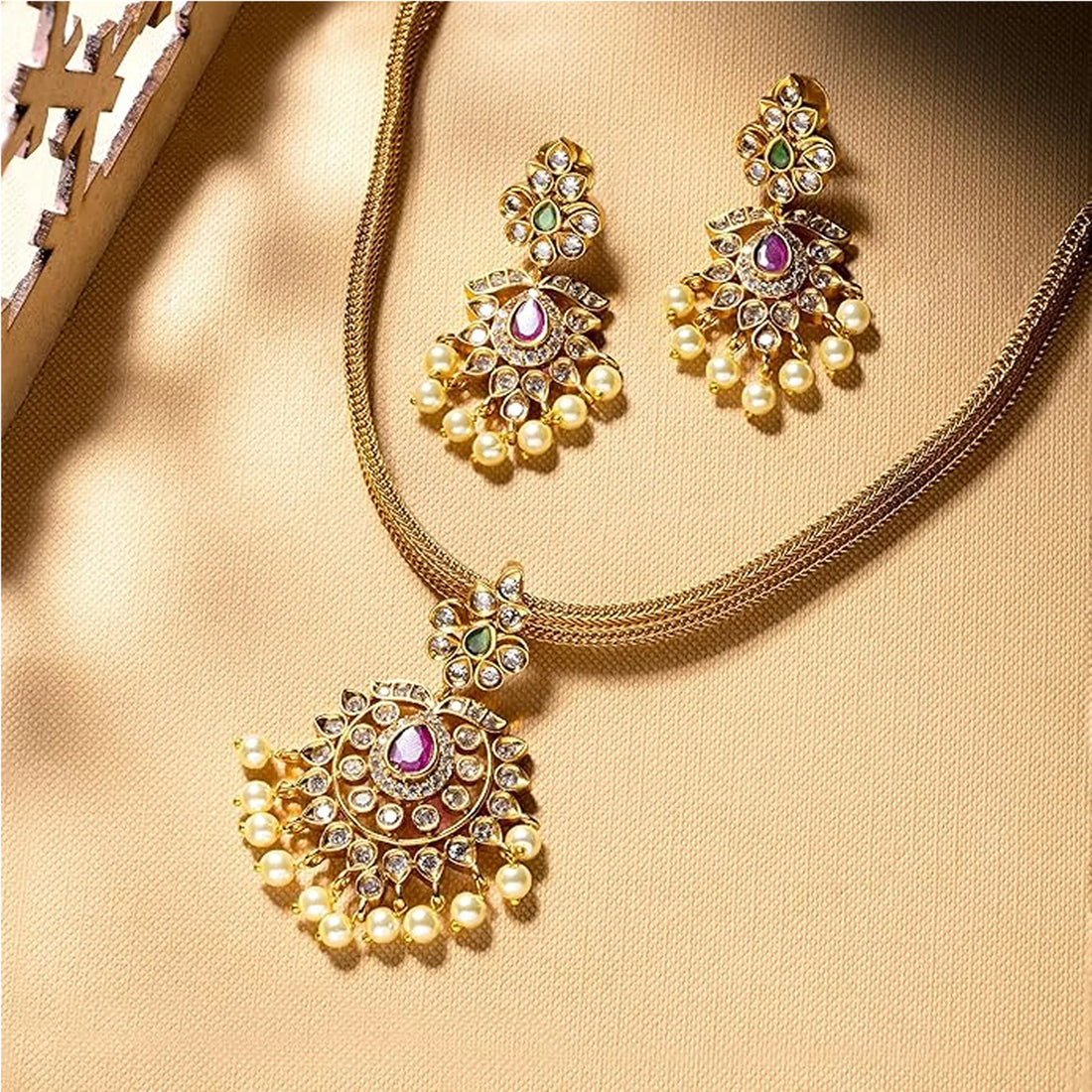 Ruby Pearl Gold Plated Choker Set with Earrings