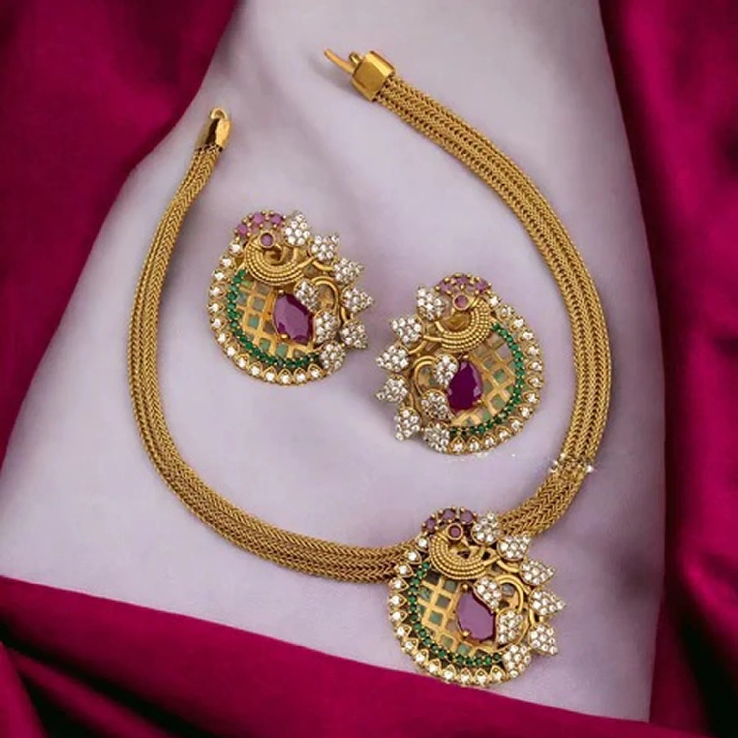 Peacock Ruby Gold Plated Choker Set with Earrings