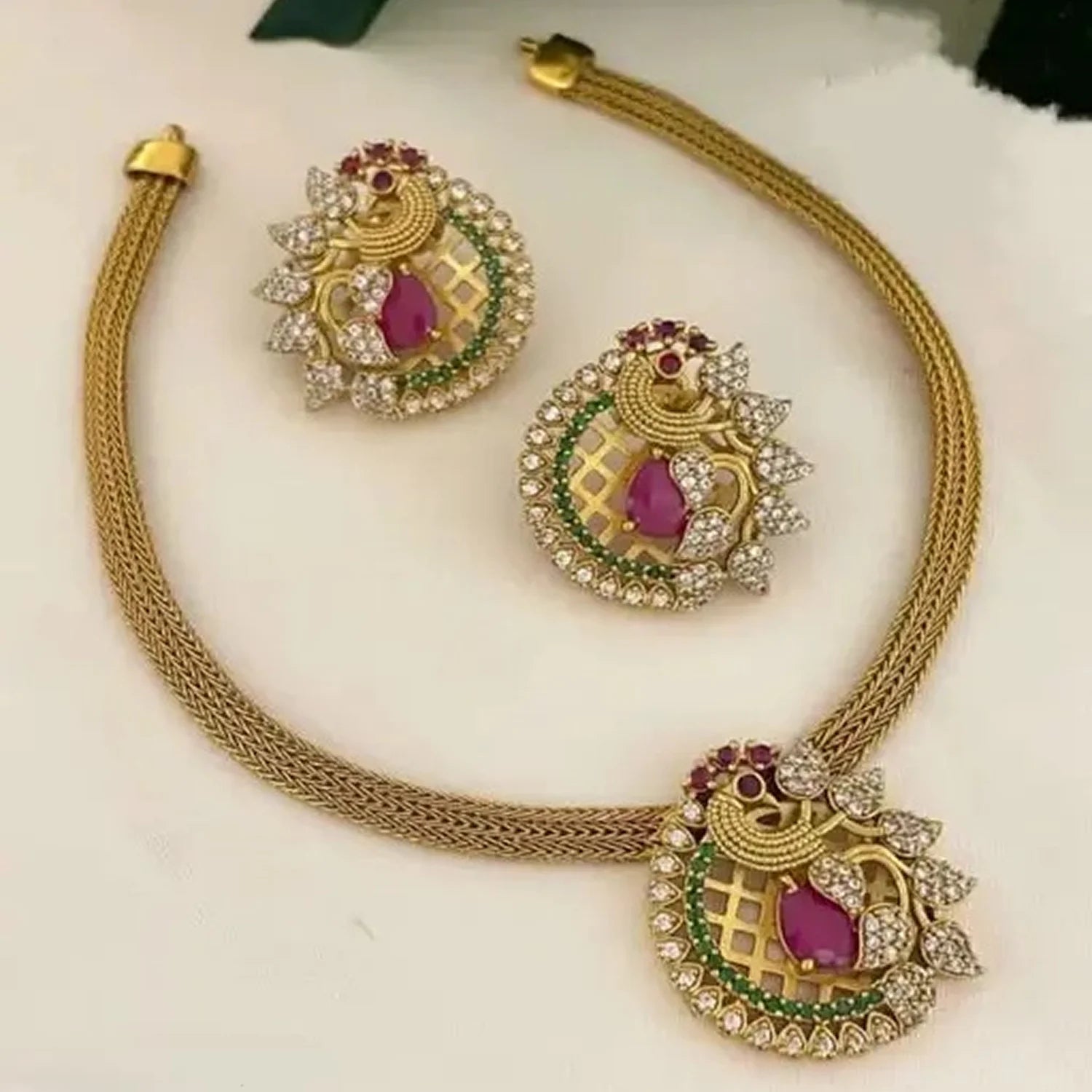 Peacock Ruby Gold Plated Choker Set with Earrings