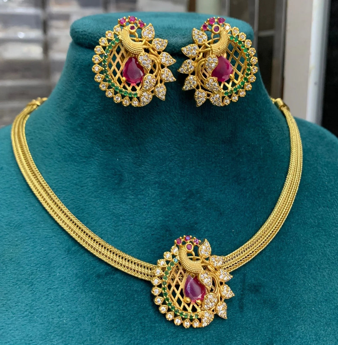 Peacock Ruby Gold Plated Choker Set with Earrings