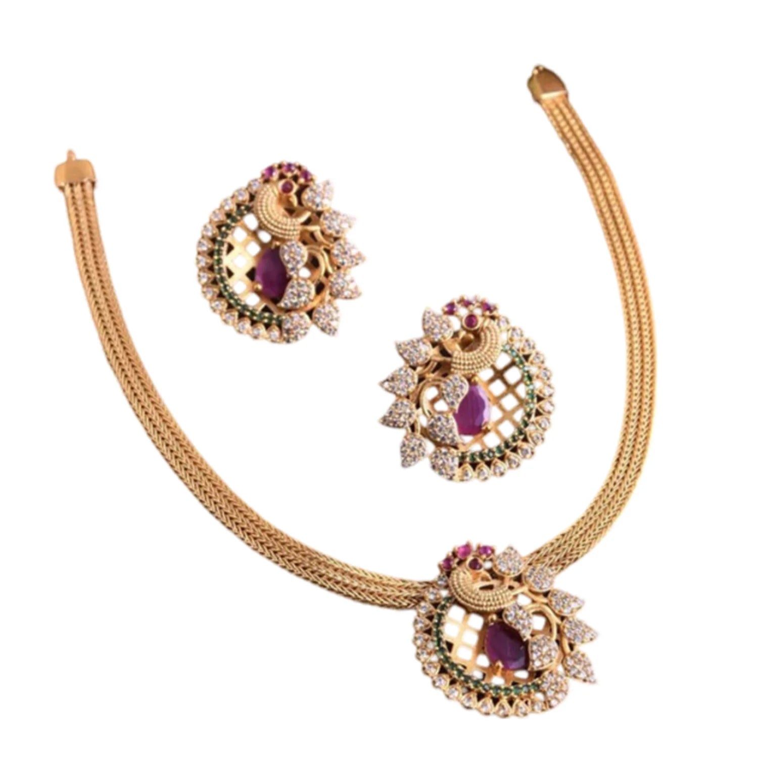 Peacock Ruby Gold Plated Choker Set with Earrings