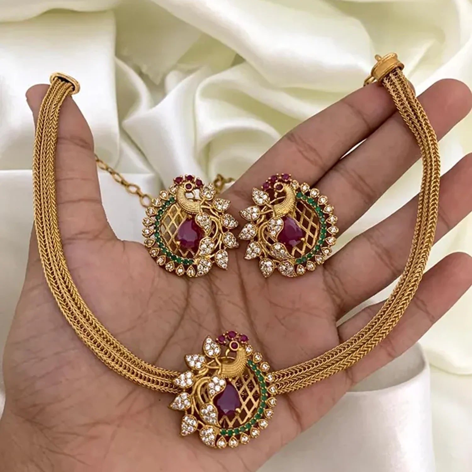 Peacock Ruby Gold Plated Choker Set with Earrings